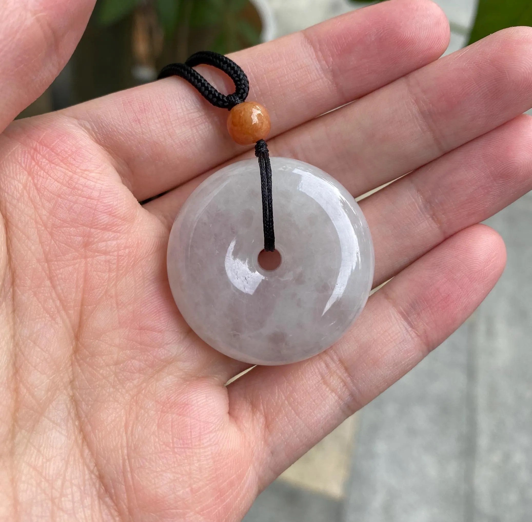 Handcrafted Ruyi Jade Pendant - Icy White Burmese Jadeite with Brown Bead