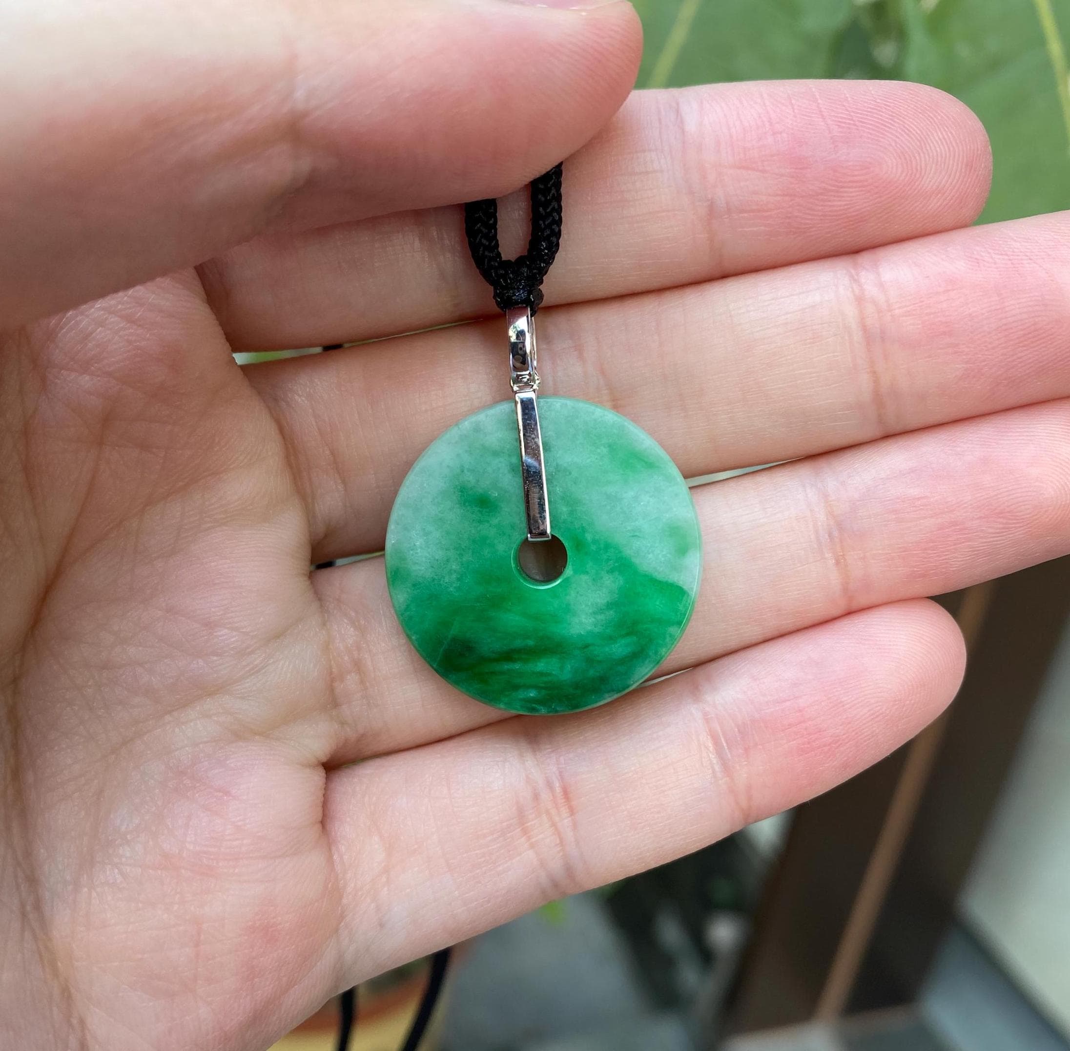 Intense Green Round Disc Jade Pendant Gold Bail - 34.2mm Width Adjustable Cord