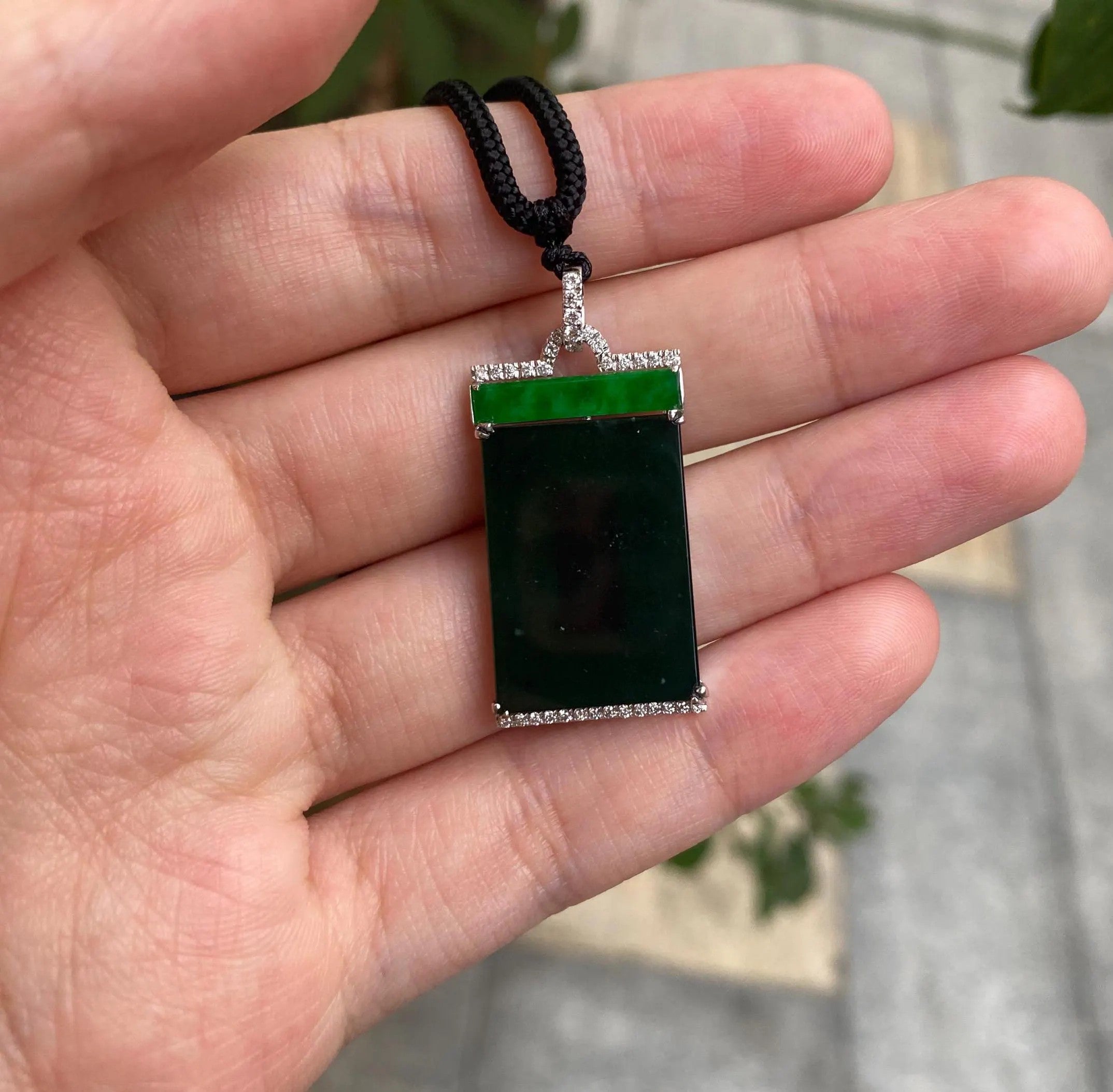 Black & Green Burmese Jadeite Pendant in 18K White Gold with Diamonds
