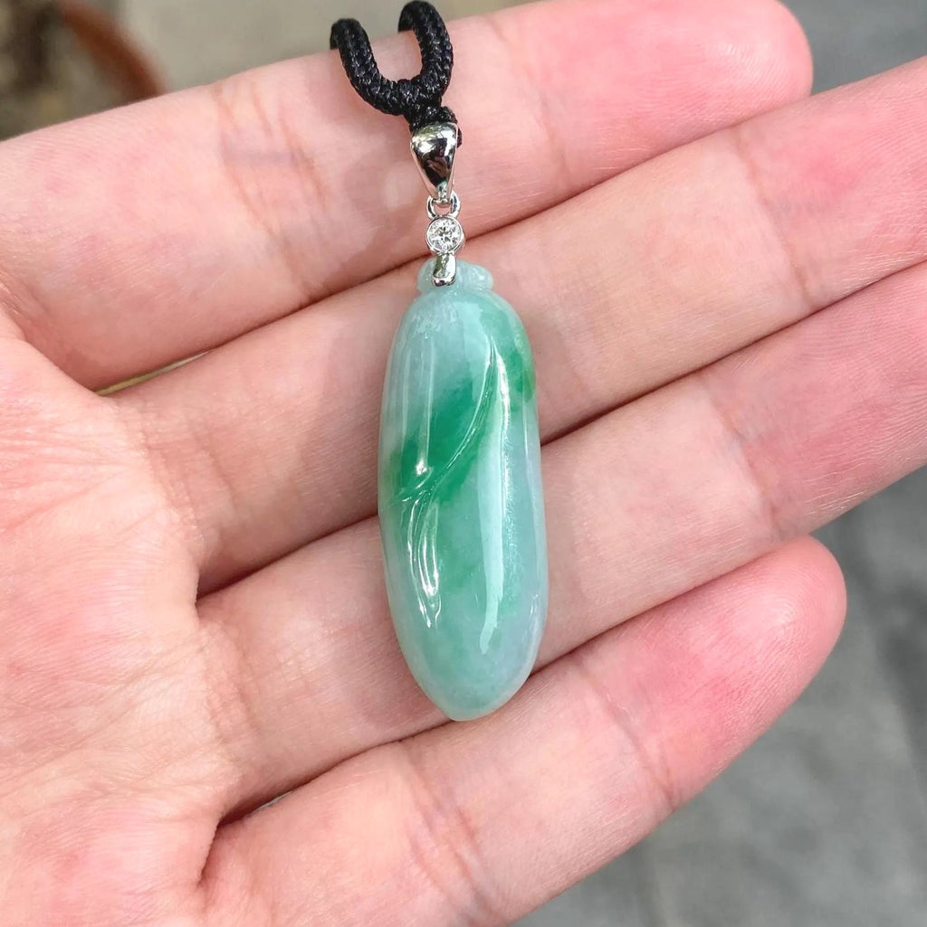 Gransky Handmade Melon Shape Green Jade Pendant 18k White Gold Bail Diamond