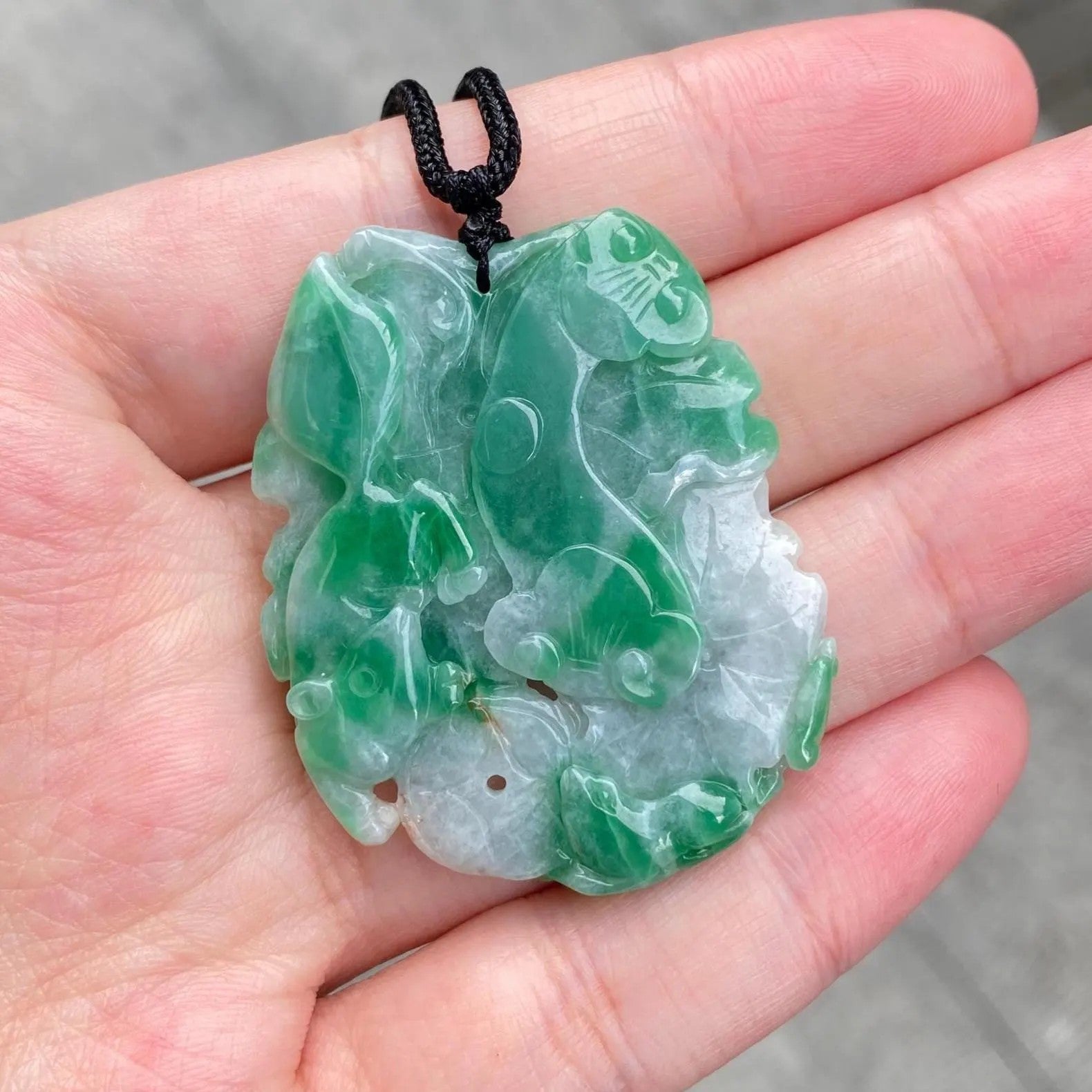 Natural Green Jadeite Pendant - Carved Lotus Leaf with Ruyi