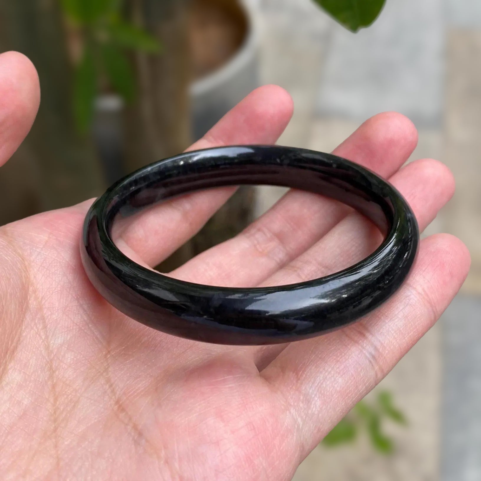57.5mm Natural Black Burmese Jadeite Bangle Bracelet –  Flat Jade Bangle