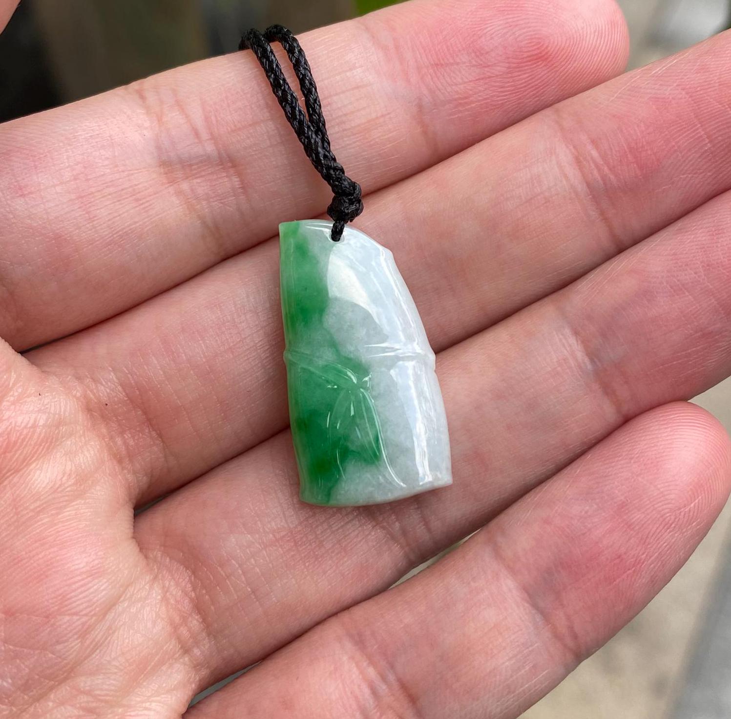 Natural Green Burmese Jadeite Bamboo Pendant