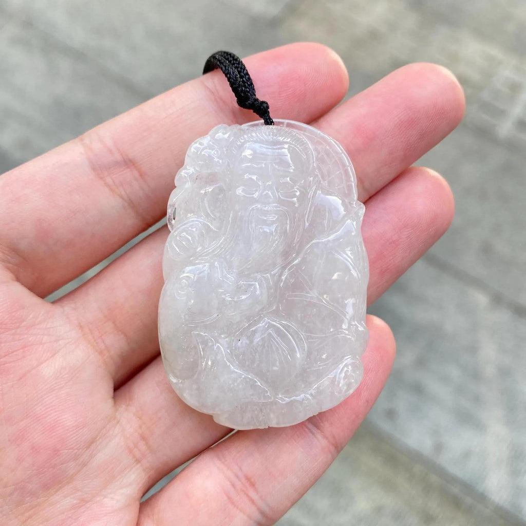White Burmese Jadeite Shou Xing Pendant - God of Longevity Carving