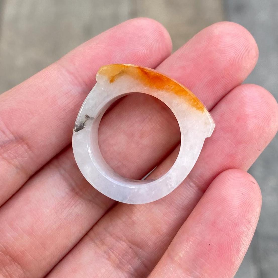 Natural Type-A Burmese Red Jade Saddle Ring – Rare Red & White Jade – Size 9.25