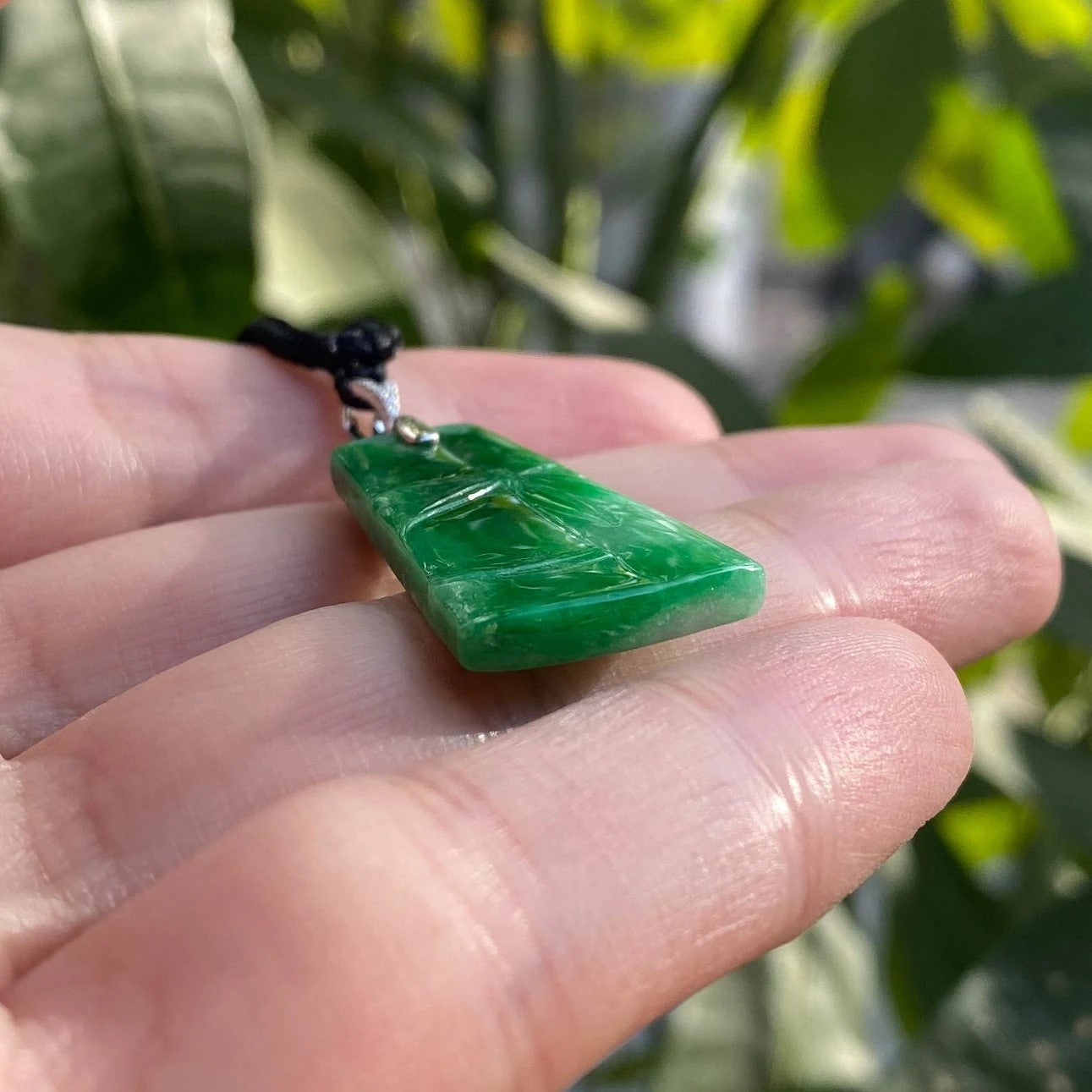 Bright Green Delicate Bamboo Jade Pendant 18k Gold Bail Diamonds