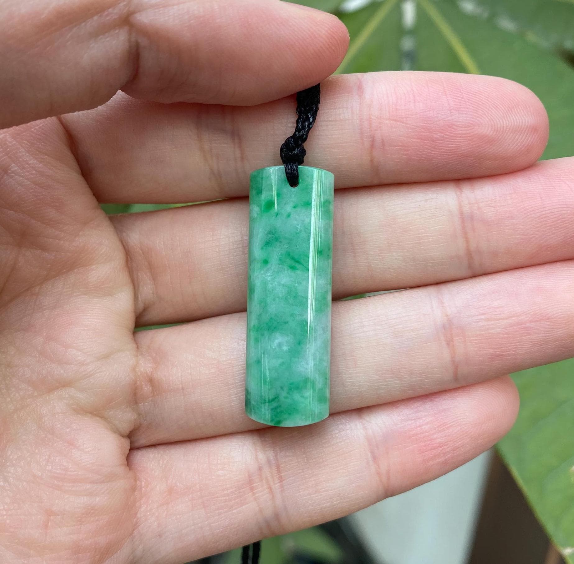 Genuine Green Jade Rod Pendant – Natural Untreated Burmese Jadeite on Black Adjustable String