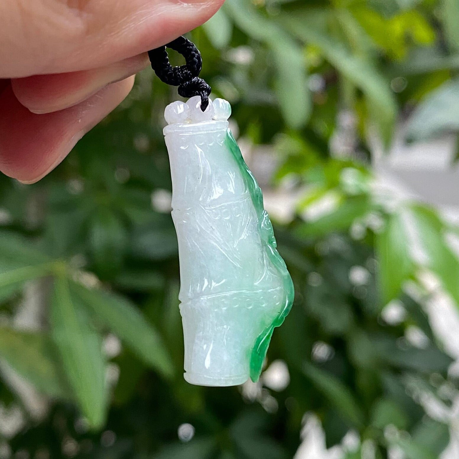 Natural Gradient Green Burmese Jadeite Bamboo Pendant