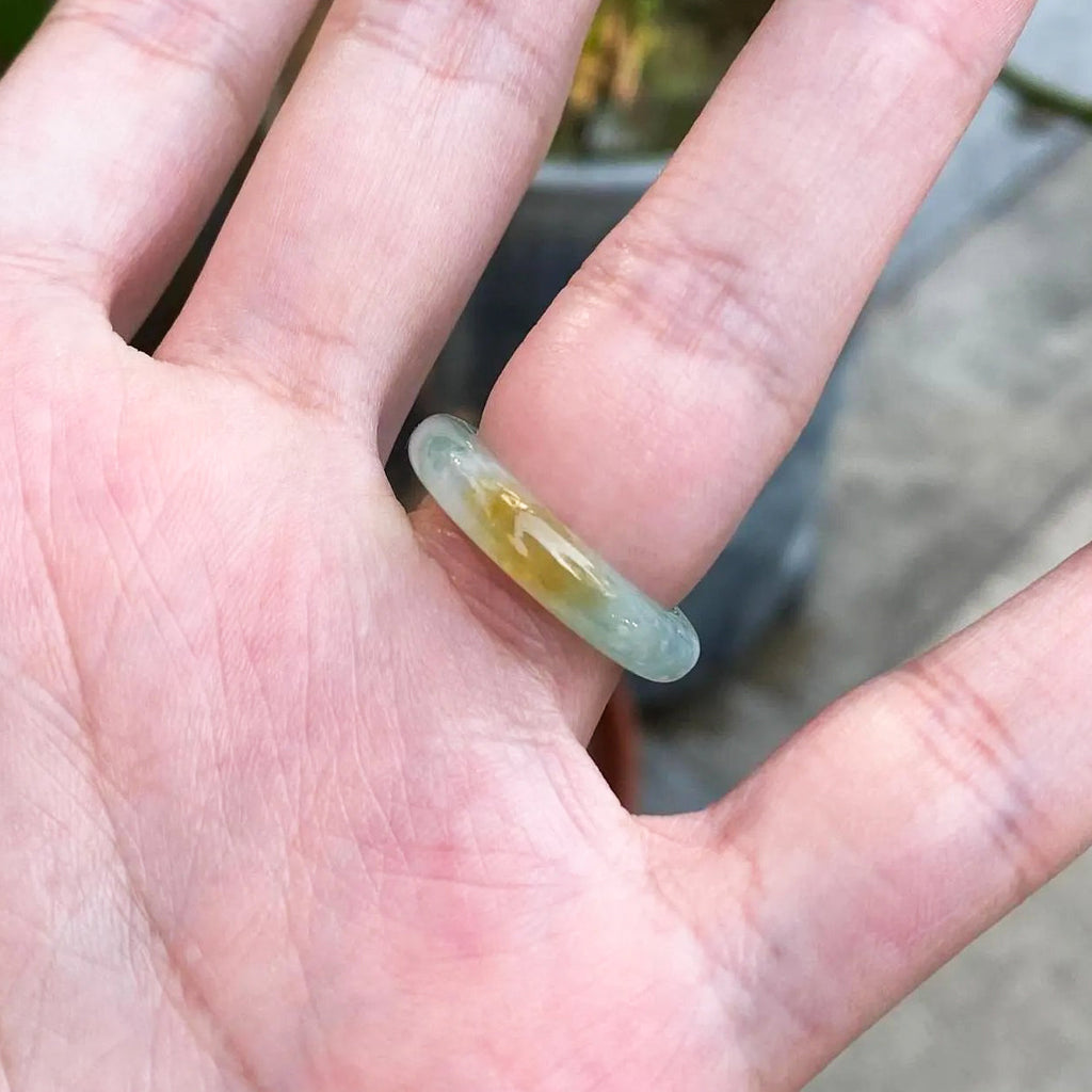 Natural Type-A Burmese Jadeite Ring - Ocean Bluish-Green with Brown Accent, Size US 7.5