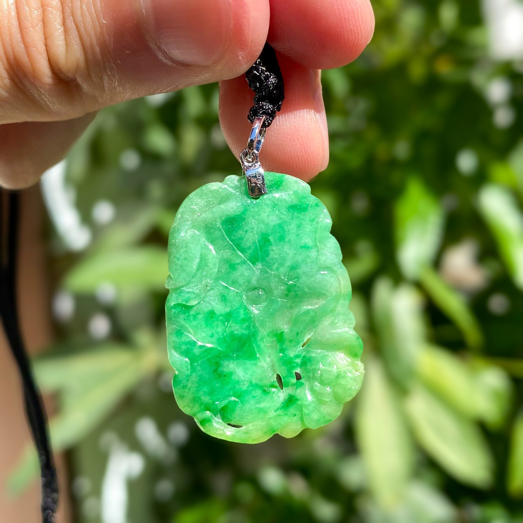 Bright Green Jade Ruyi & Lotus Pendant - 18K White Gold Bail