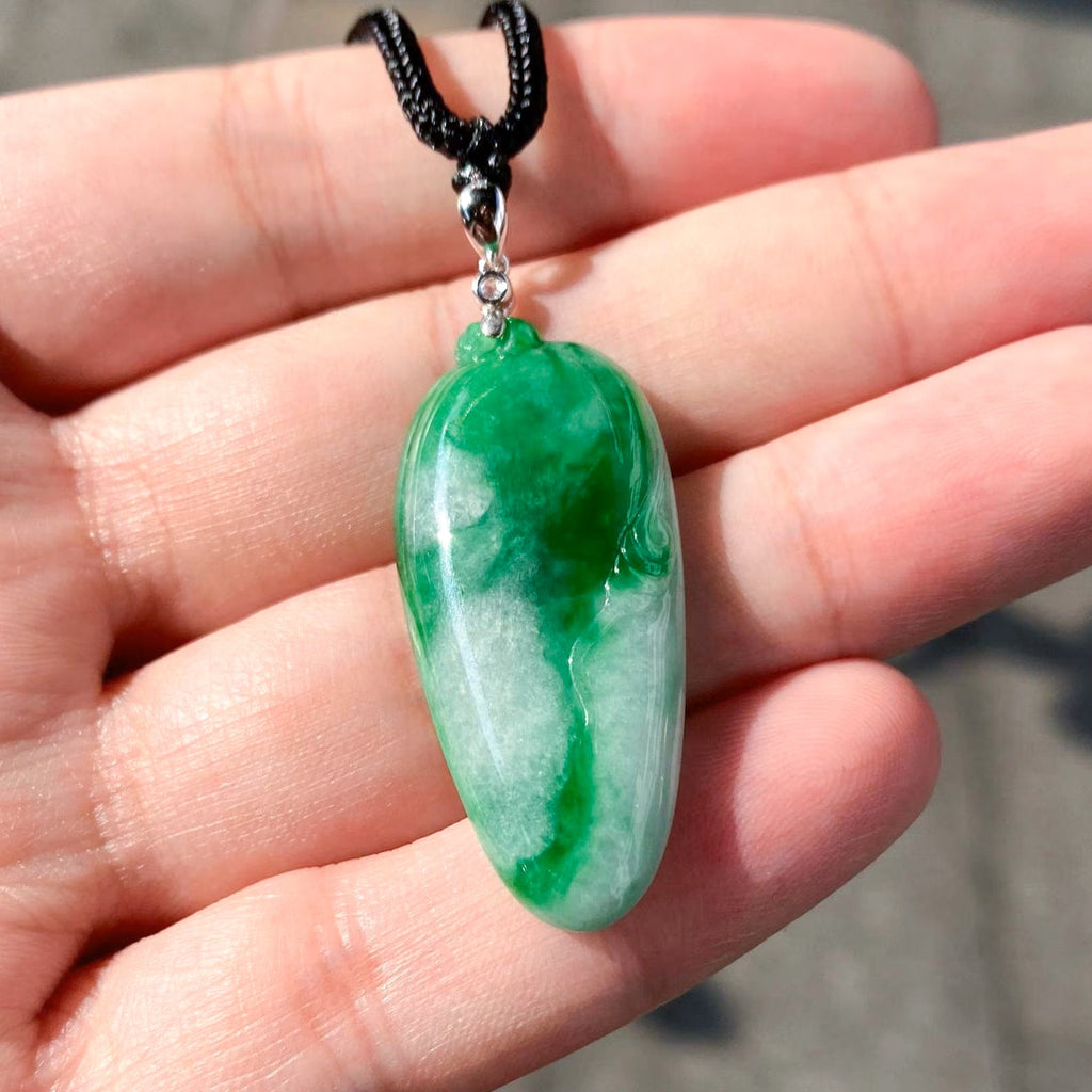Handmade Carving Melon Shape Jade Pendant Necklace - 18k White Gold Bail & Diamond