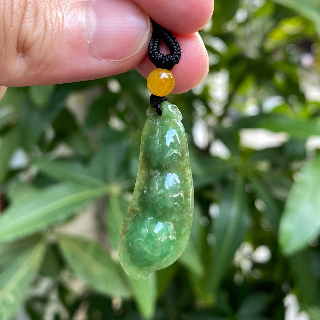 Handcrafted Peapod-Shaped Green Jade Pendant with Orange Bead