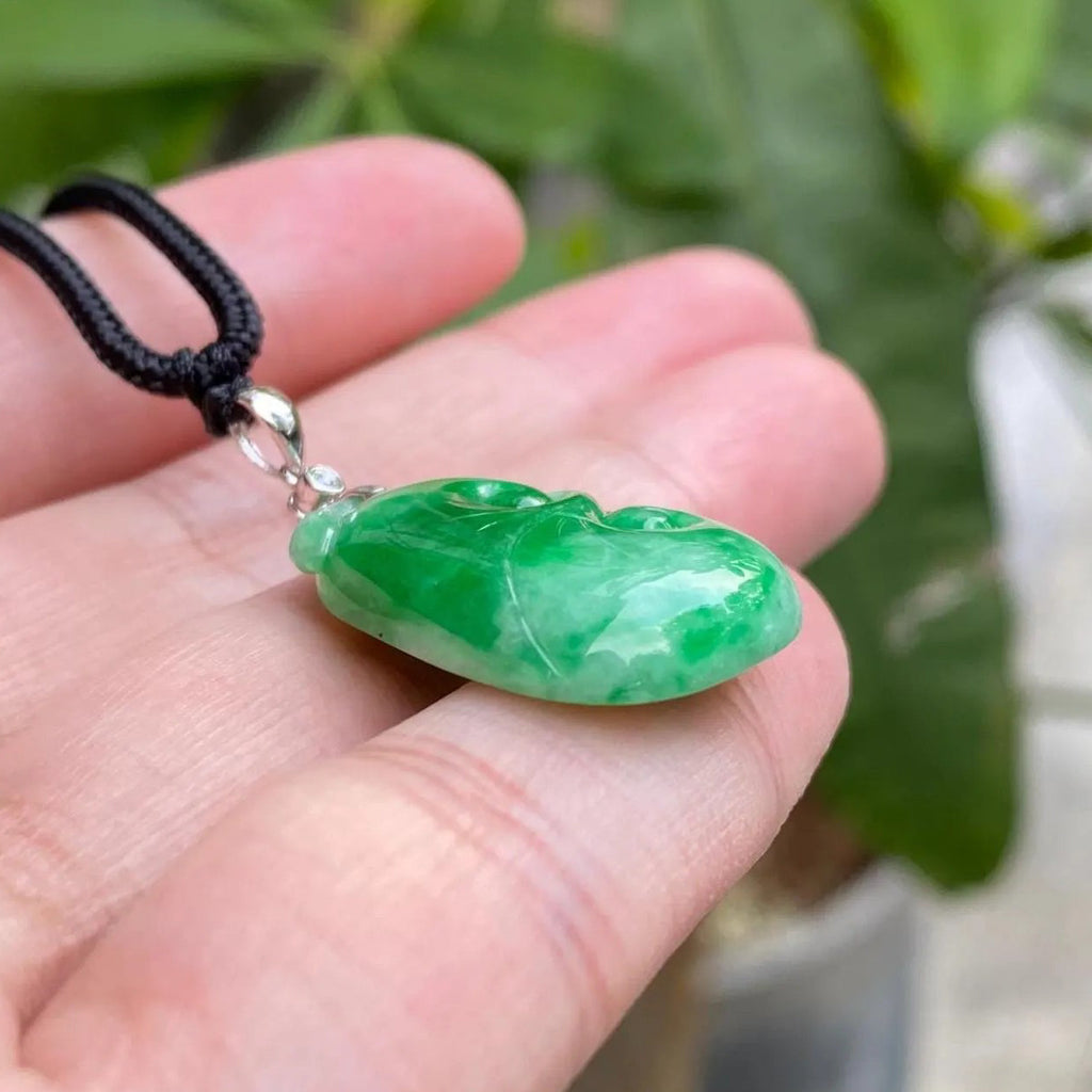 Natural Green Ruyi Jade Pendant - 18k White Gold Bail & Diamond