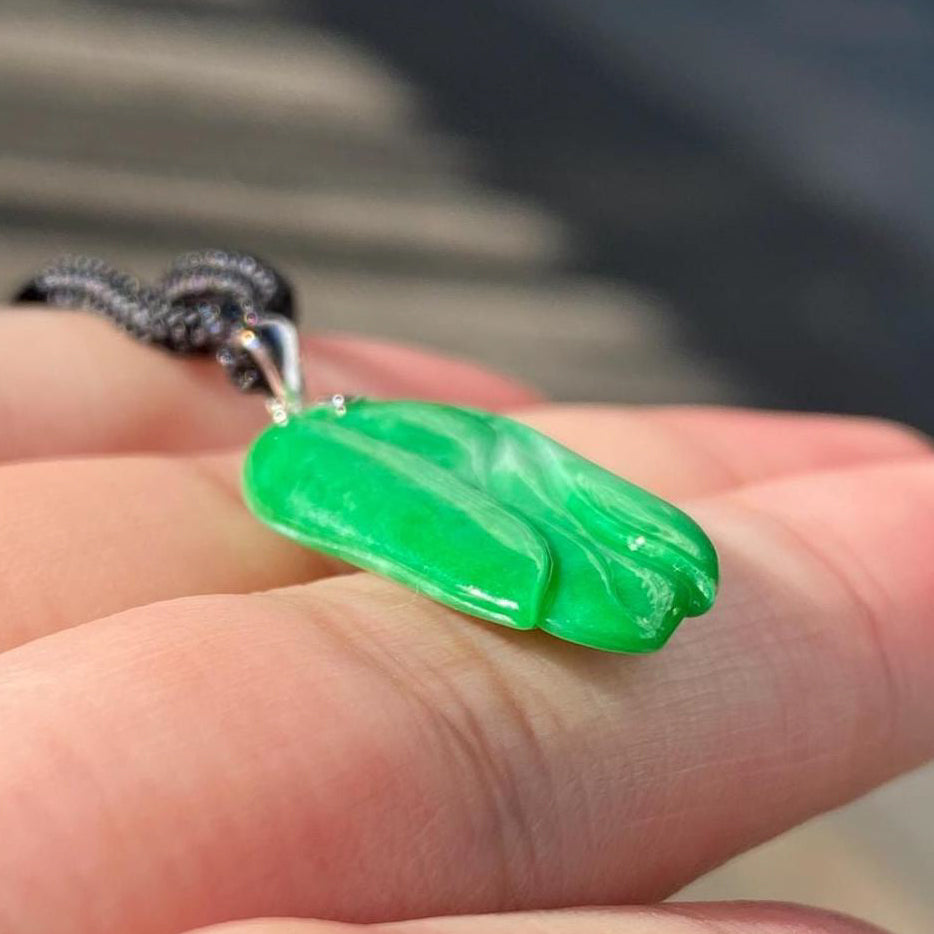 Natural Green Carved Jade Pendant - 18k White Gold Bail
