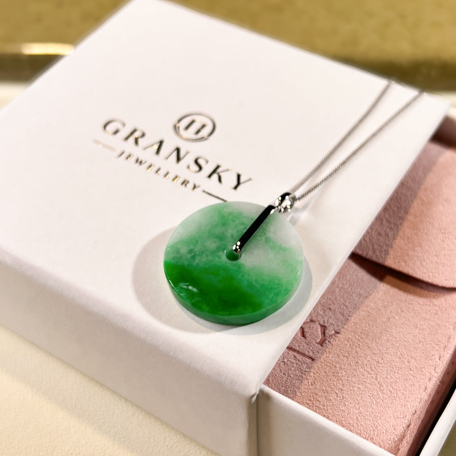 Minimalistic Green Jade Disc Donut Pendant 18k White Gold Bail