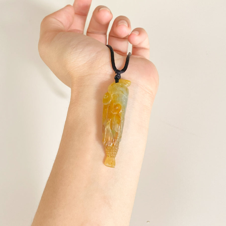 Orange Carved Sweetcorn Jade Pendant - Type A Burmese Jadeite