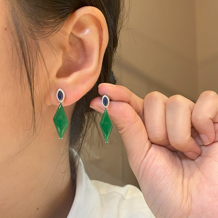 Natural Intense Green Jade Drop Earrings - 18K White Gold Diamonds Sapphire