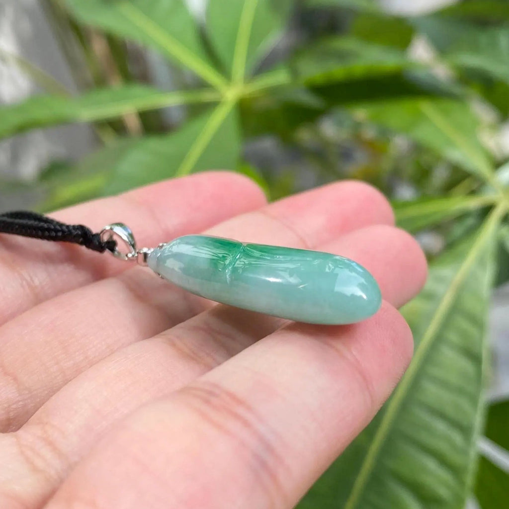 Gransky Handmade Melon Shape Green Jade Pendant 18k White Gold Bail Diamond