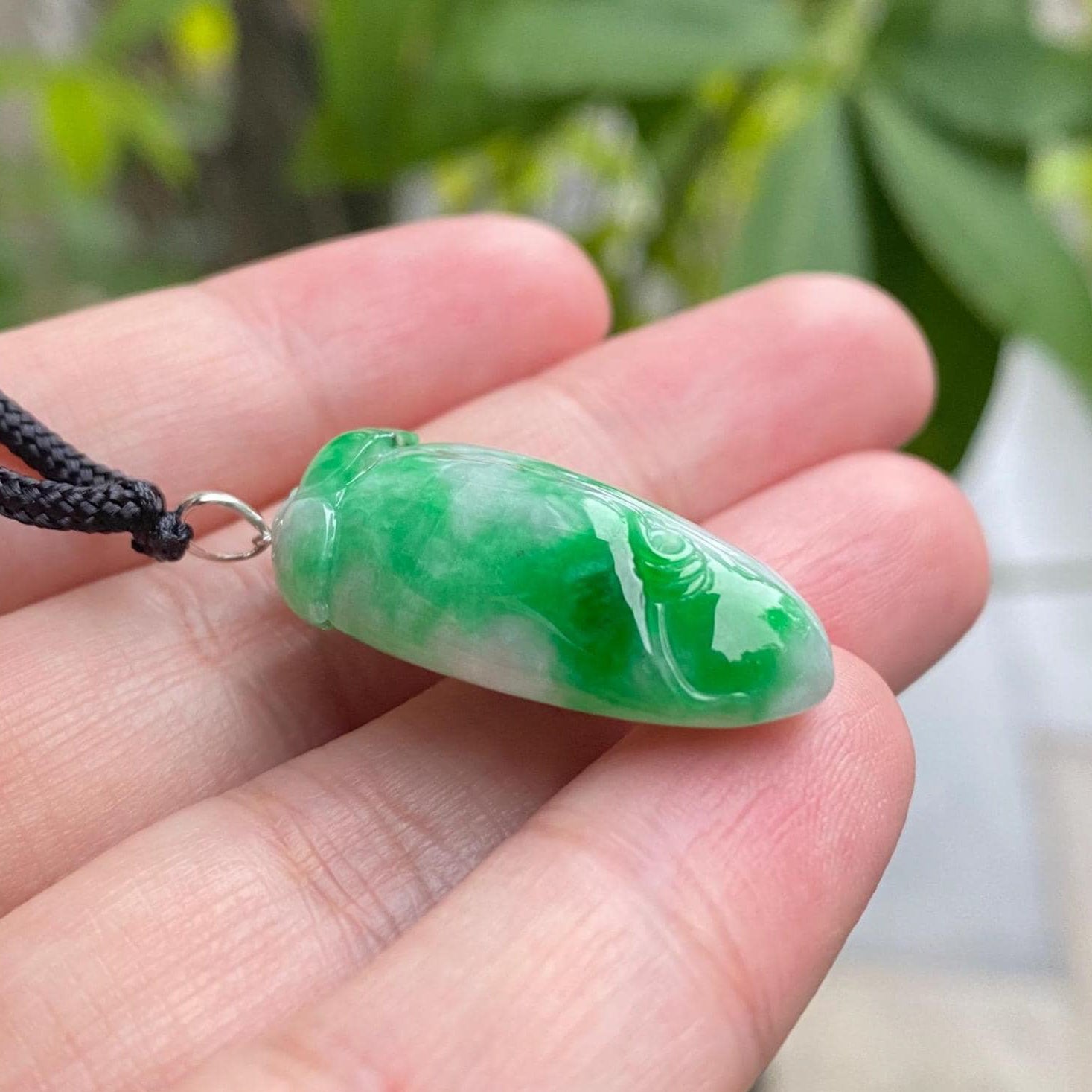 Natural Green Carved Peach Jade Pendant - 18k White Gold Bail