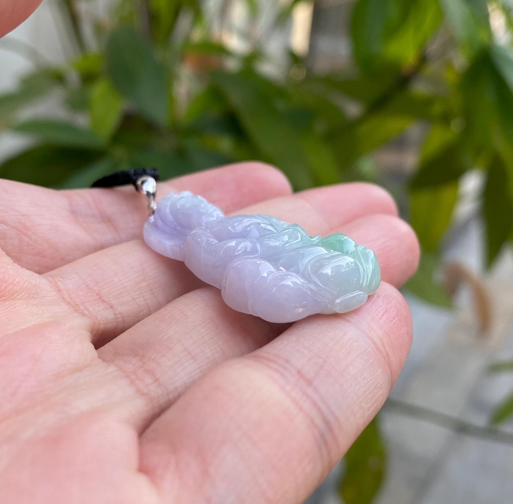 Gransky Handmade GuanYin (Kwan yin) Green and Purple Jade Pendant 18k White Gold Bail