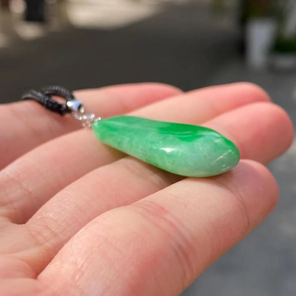 Handcrafted Pepper Shape Jade Pendant Necklace - 18k White Gold Bail & Diamond