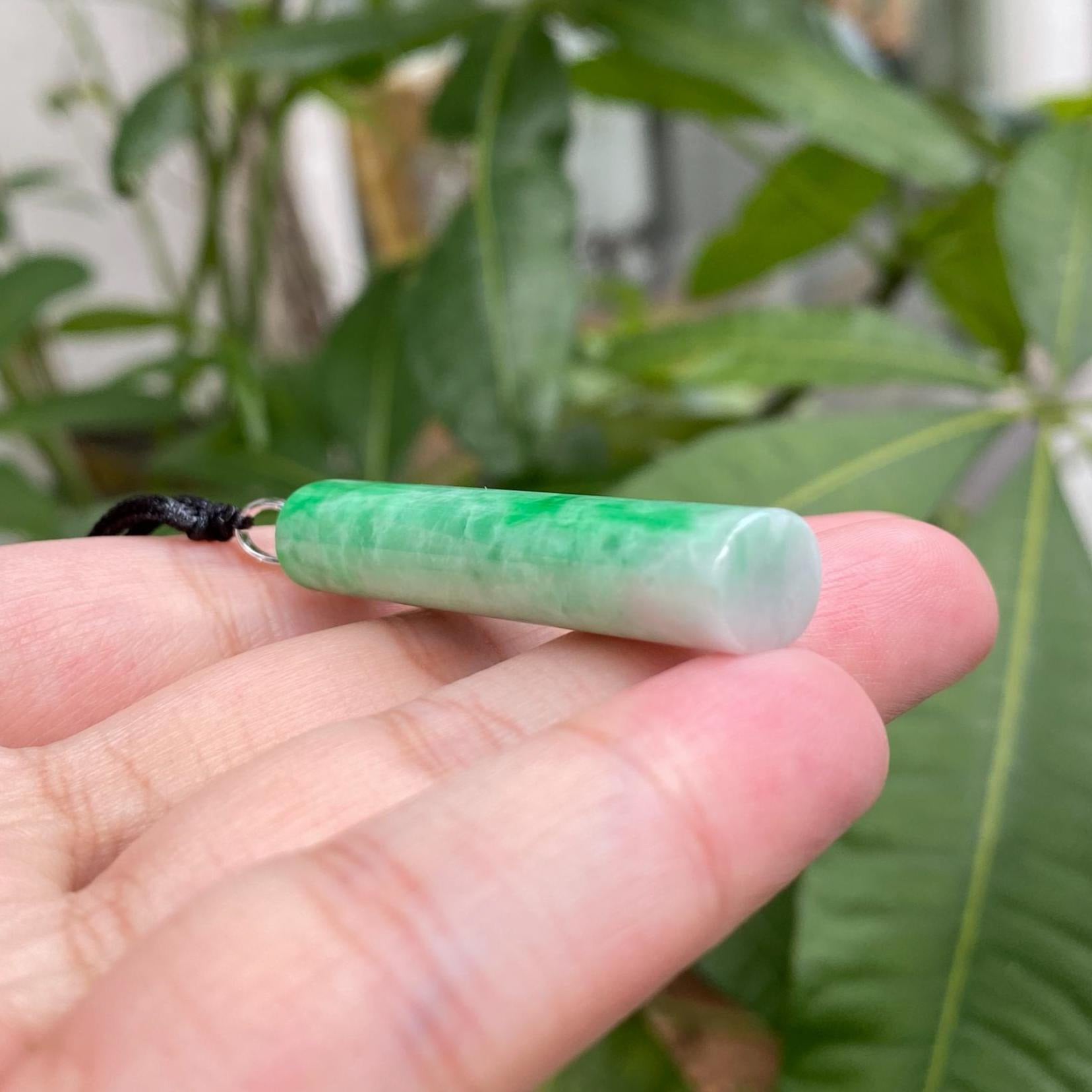 Genuine Green Jade Rod Pendant 18k White Gold Bail – Natural Untreated Burmese Jadeite