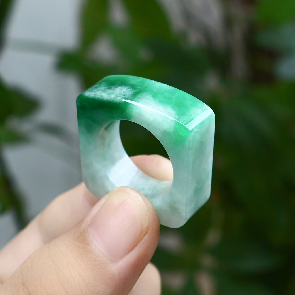 Gransky Natural Type A Intense Green Flat Top Jade Ring US 8.5