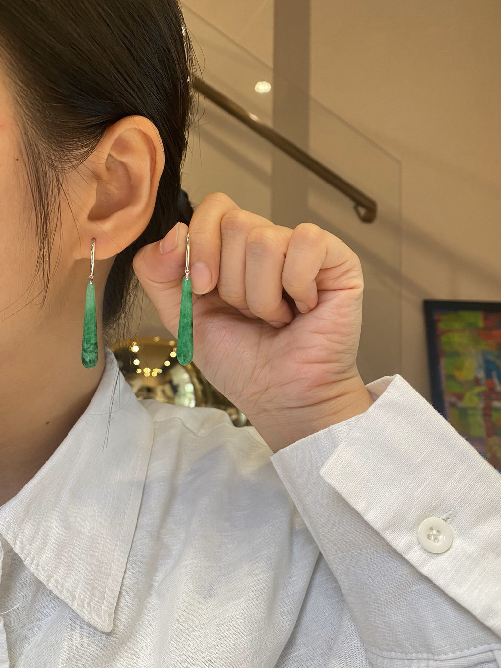 Gransky 18K White Gold and Diamonds Green Jade Drop Earrings
