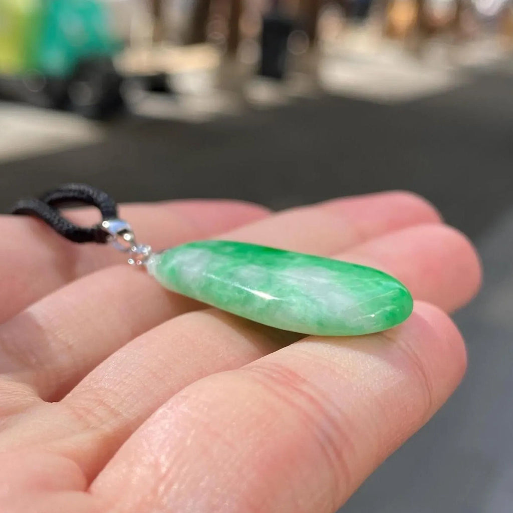 Handcrafted Melon Shape Jade Pendant Necklace - 18k White Gold Bail & Diamond