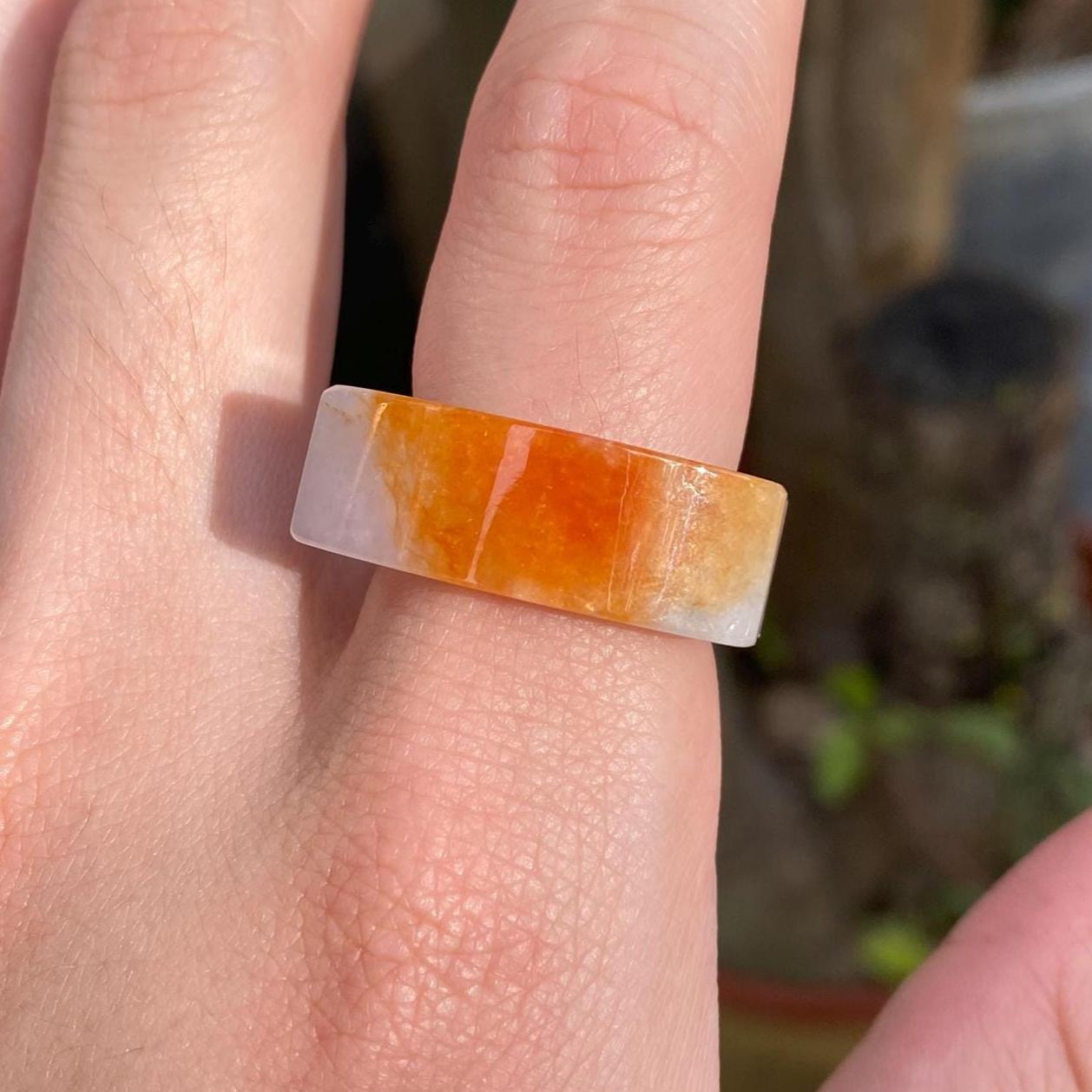 Natural Type-A Burmese Red Jade Saddle Ring – Rare Red & White Jade – Size 9.25