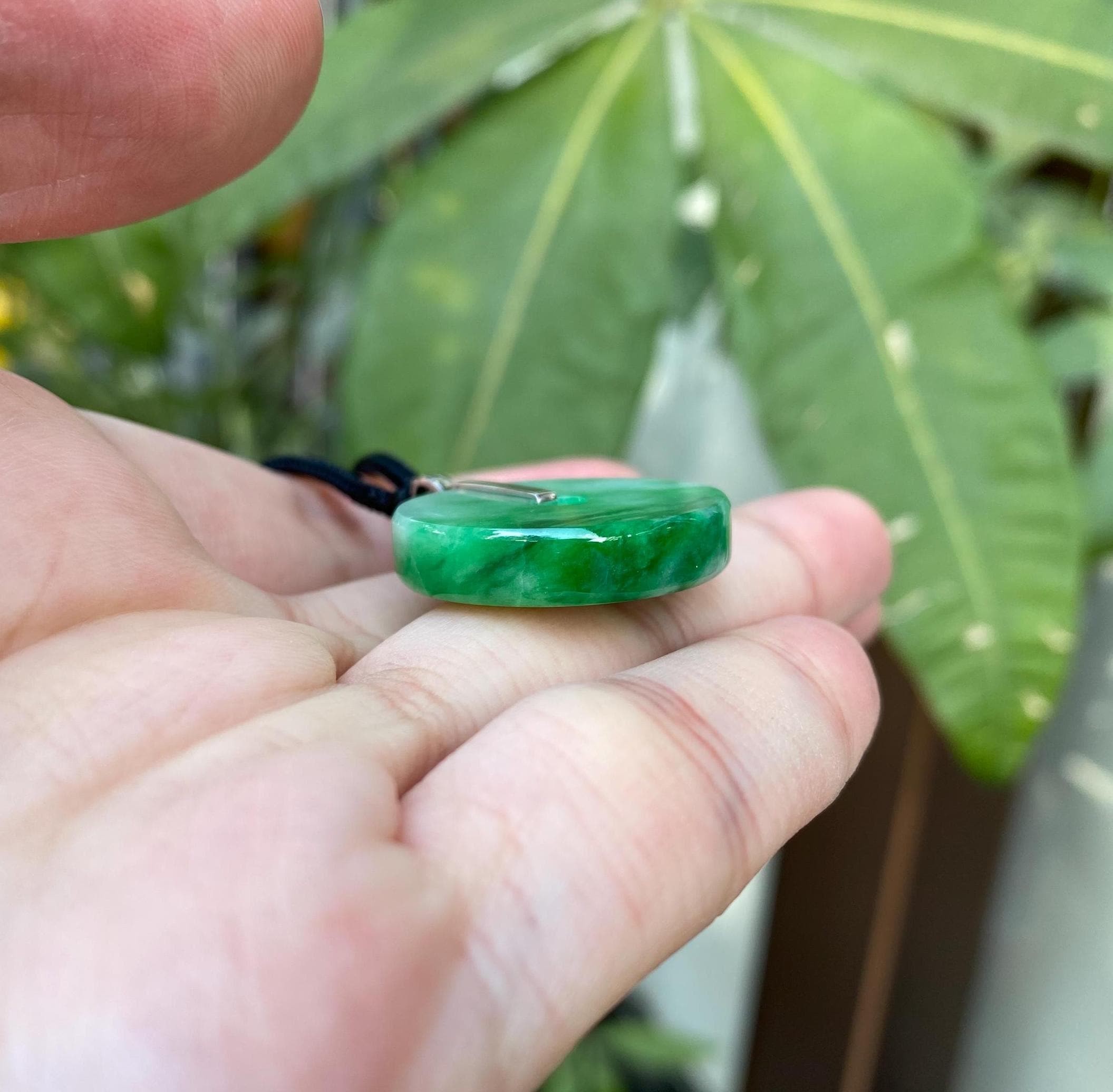 Intense Green Round Disc Jade Pendant Gold Bail - 34.2mm Width Adjustable Cord