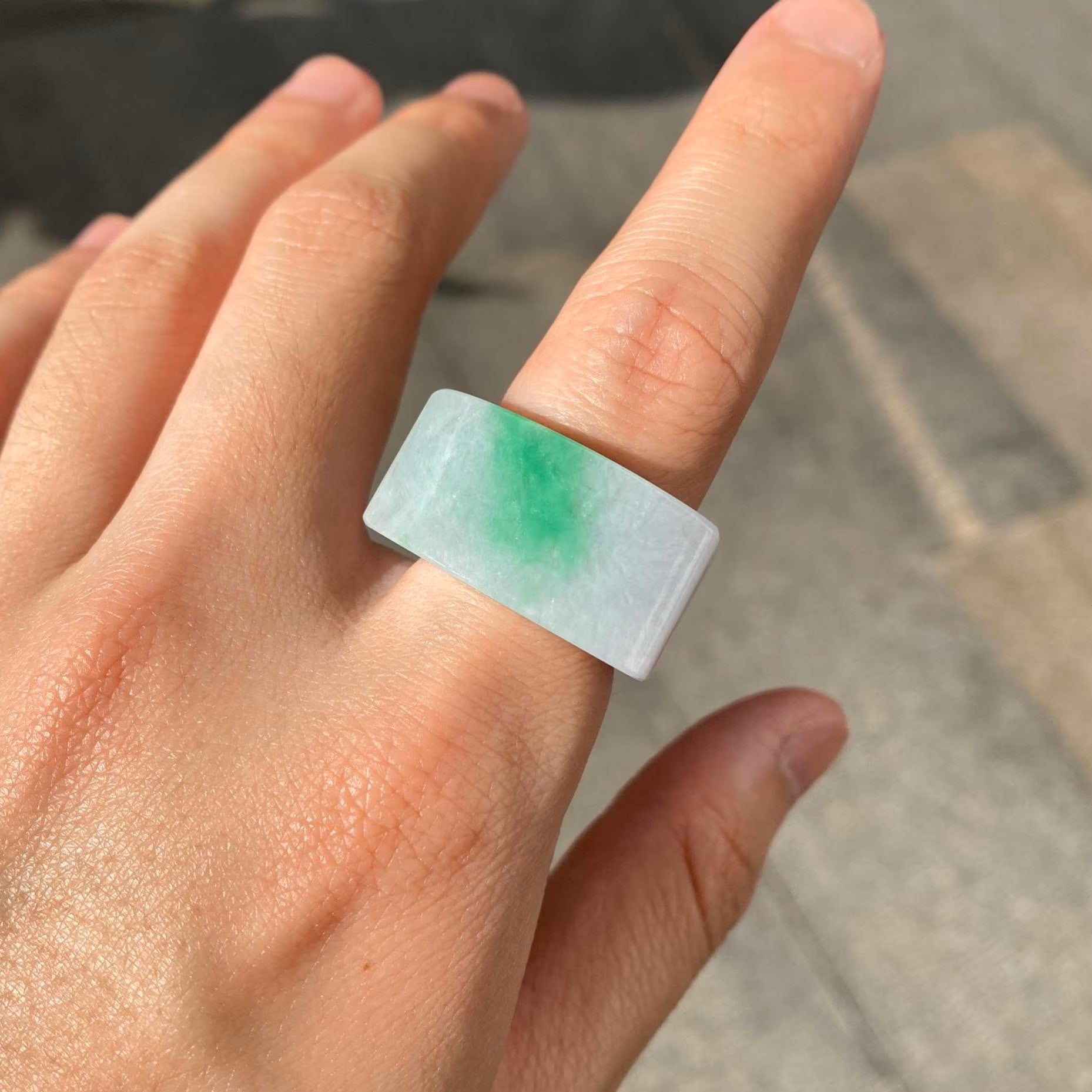 Size 9.25 Natural Type-A Burmese Green Jade Wide Band Saddle Ring