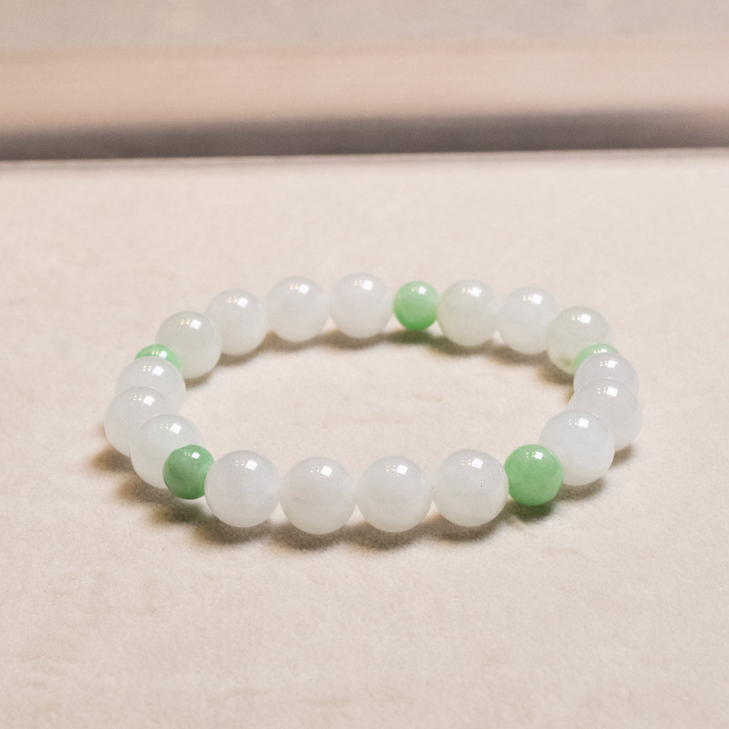 Green and White Jade Beaded Bracelet Natural Type A Burmese Jade