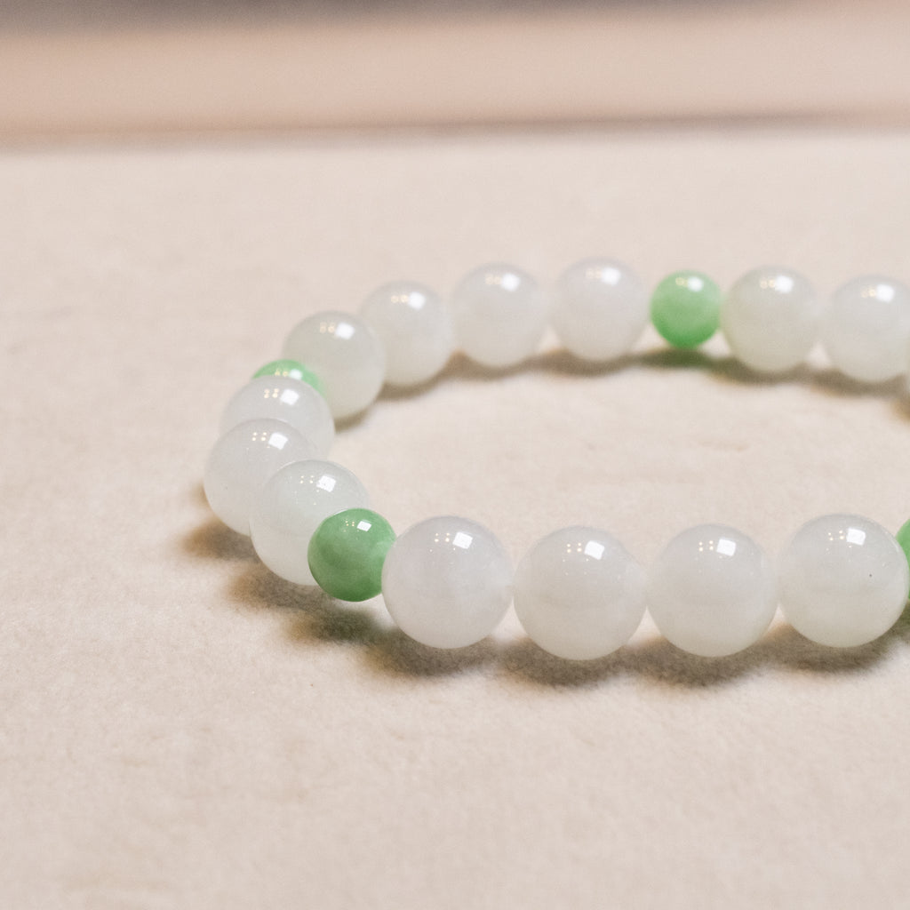 Green and White Jade Beaded Bracelet Natural Type A Burmese Jade