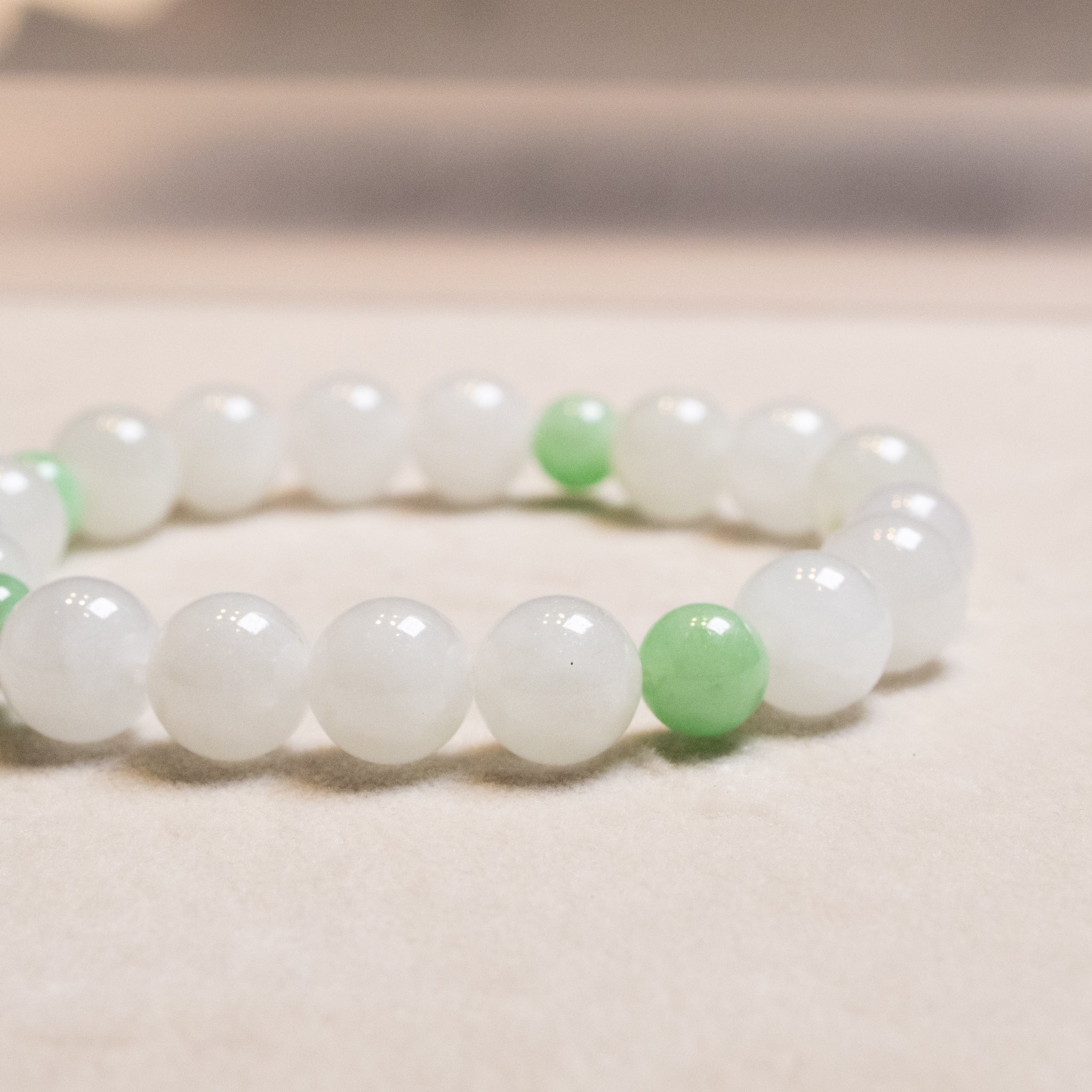 Green and White Jade Beaded Bracelet Natural Type A Burmese Jade
