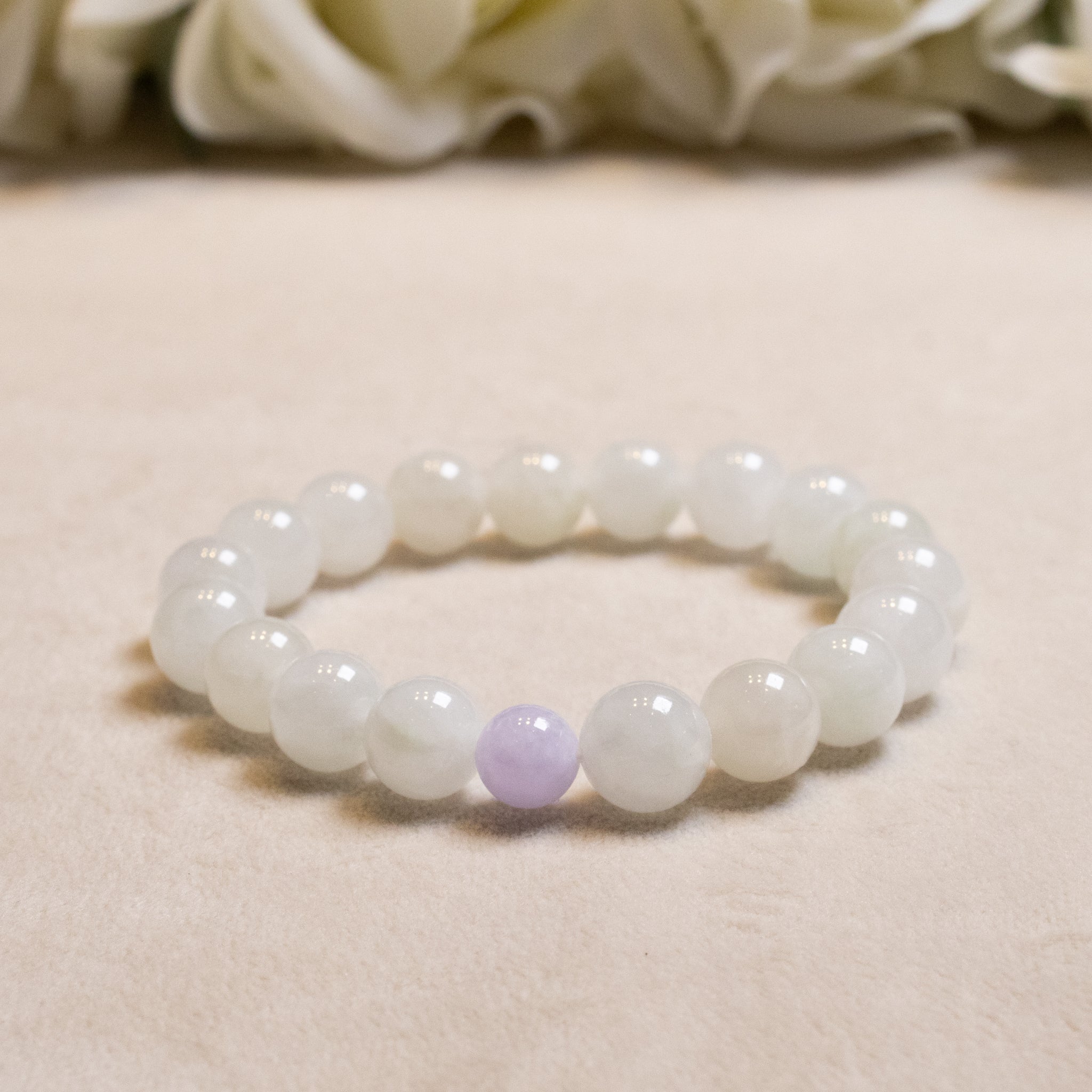 Purple and White Jade Beaded Bracelet Natural Type A Burmese Jade