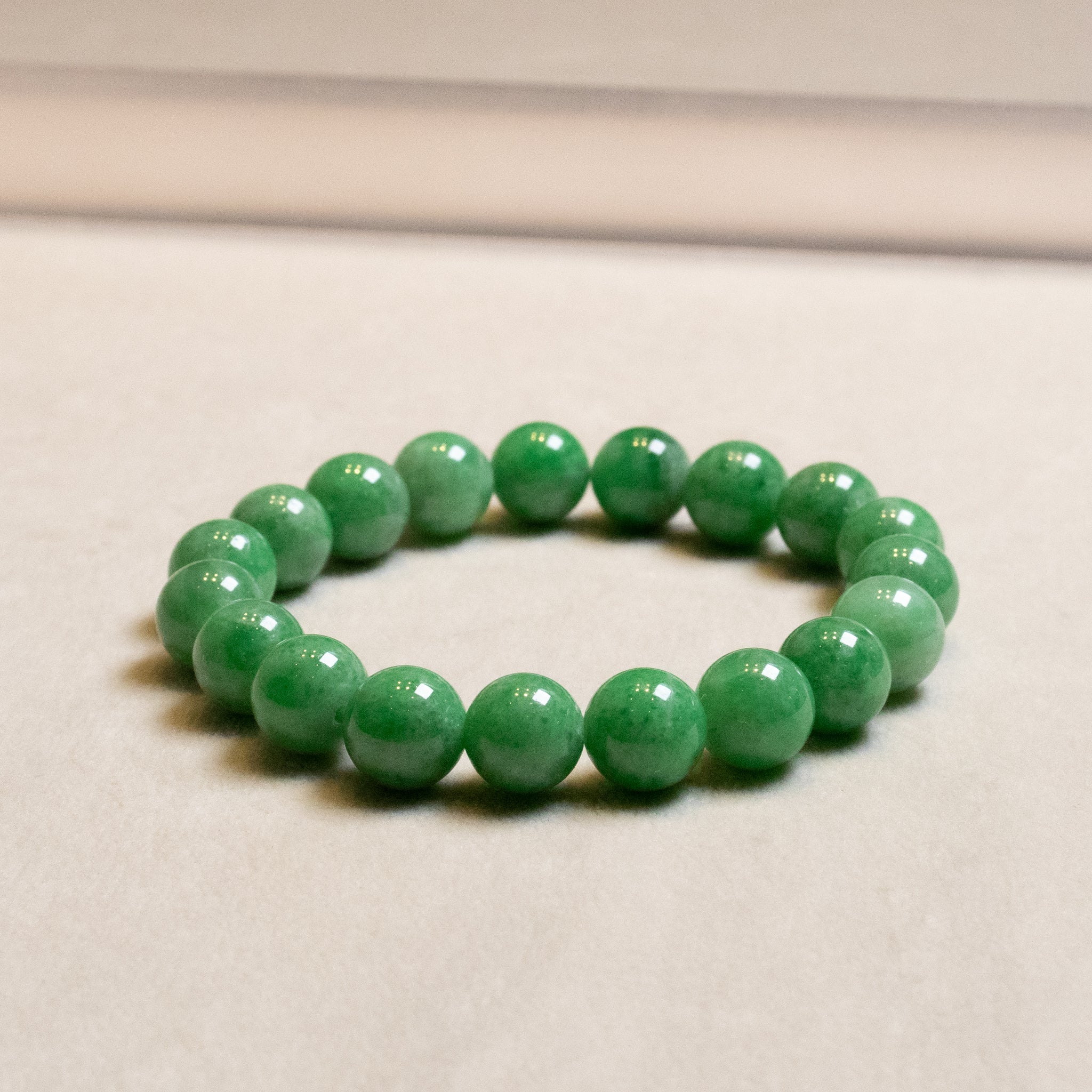 Classic Intense Green Jade Beaded Bracelets - Natural Type A Burmese Jadeite, 17cm & 18cm