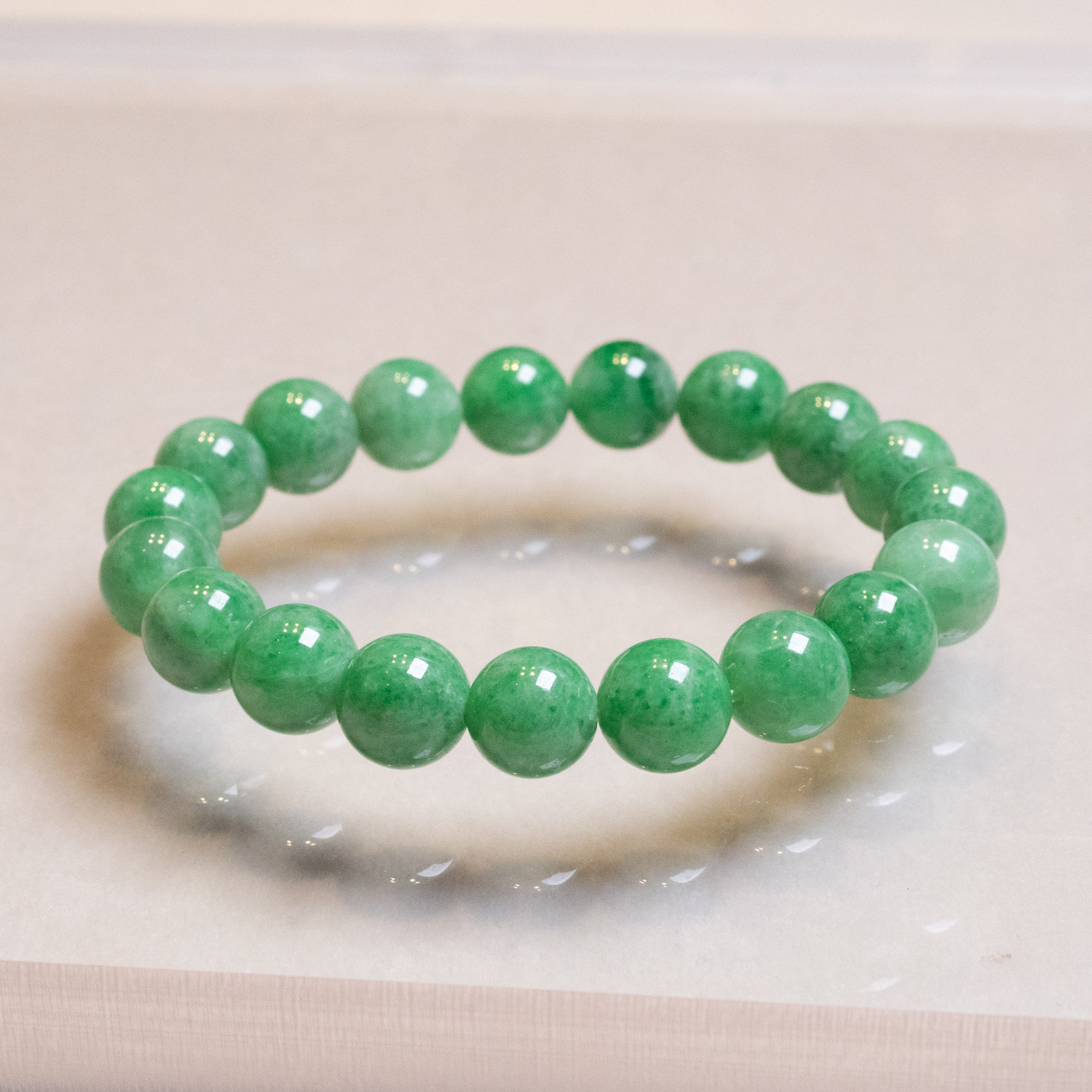 Classic Intense Green Jade Beaded Bracelets - Natural Type A Burmese Jadeite, 17cm & 18cm