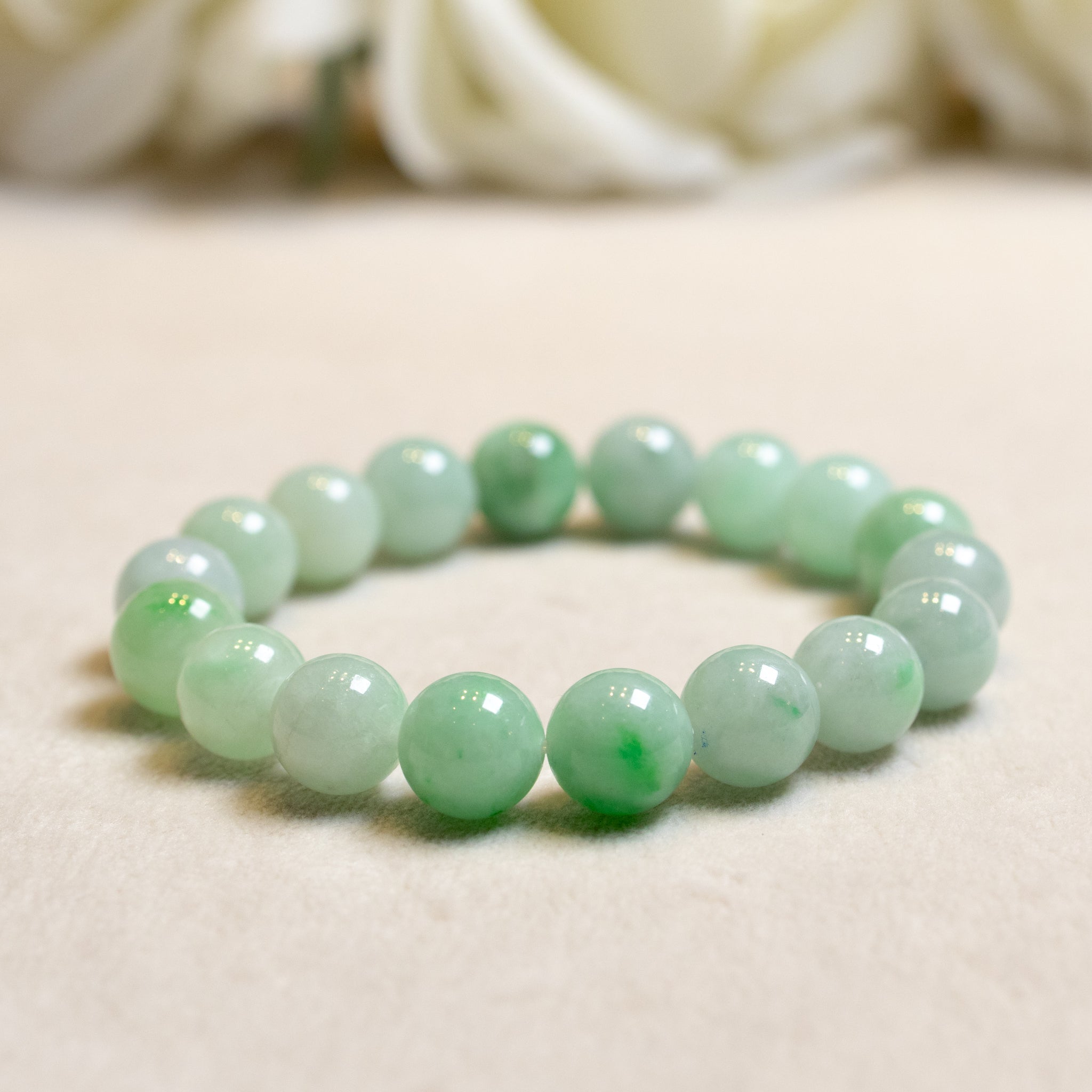 Natural Untreated Green Jadeite Bead Bracelets – Stretchy String (Two Sizes Available)