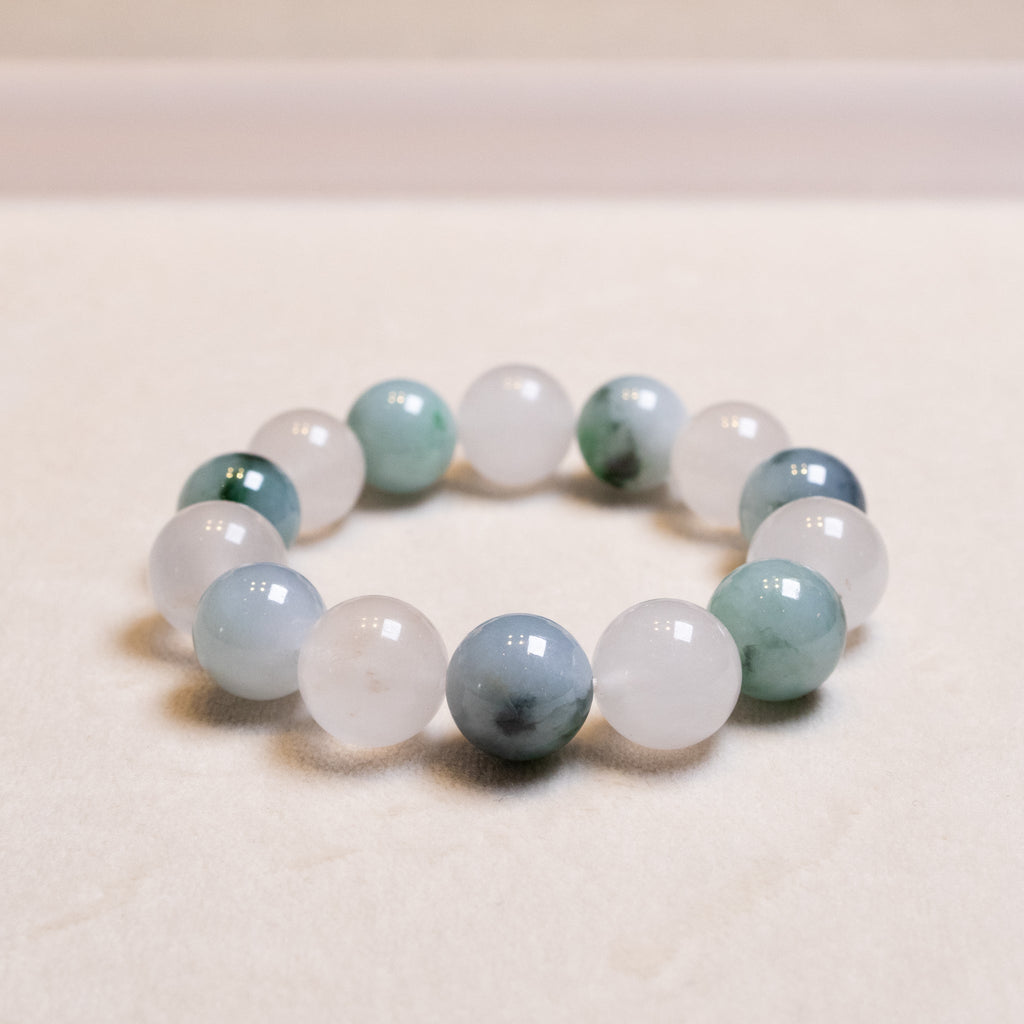 Natural Type-A Burmese Jadeite Beaded Bracelet - Green & White, 13mm