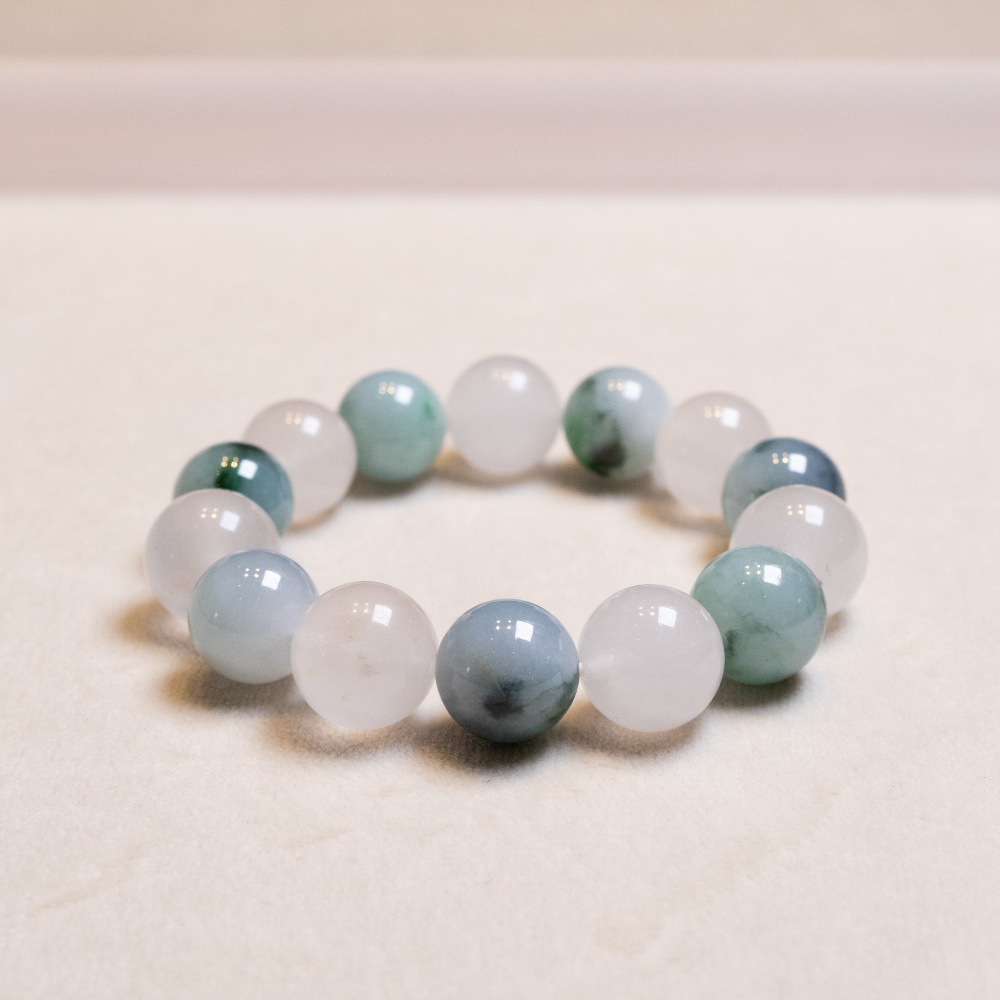 Natural Type-A Burmese Jadeite Beaded Bracelet - Green & White, 13mm