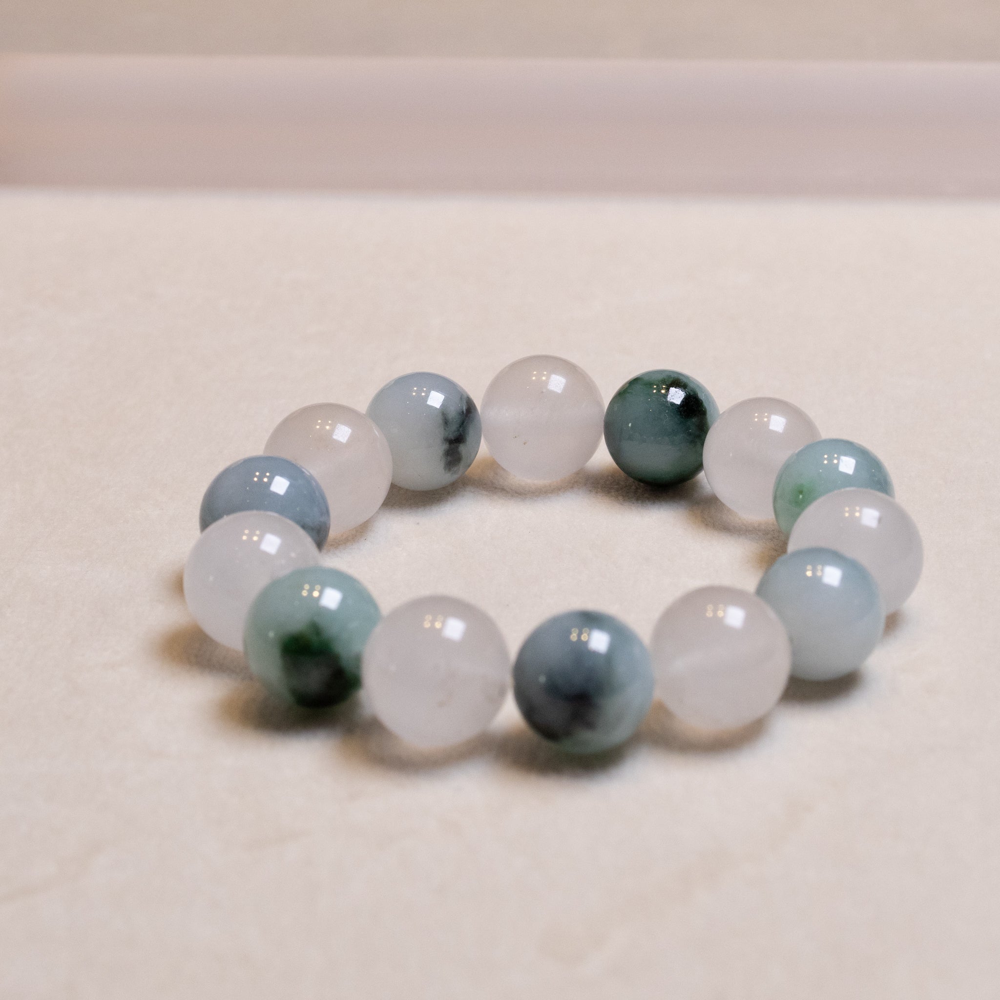 Natural Type-A Burmese Jadeite Beaded Bracelet - Green & White, 13mm
