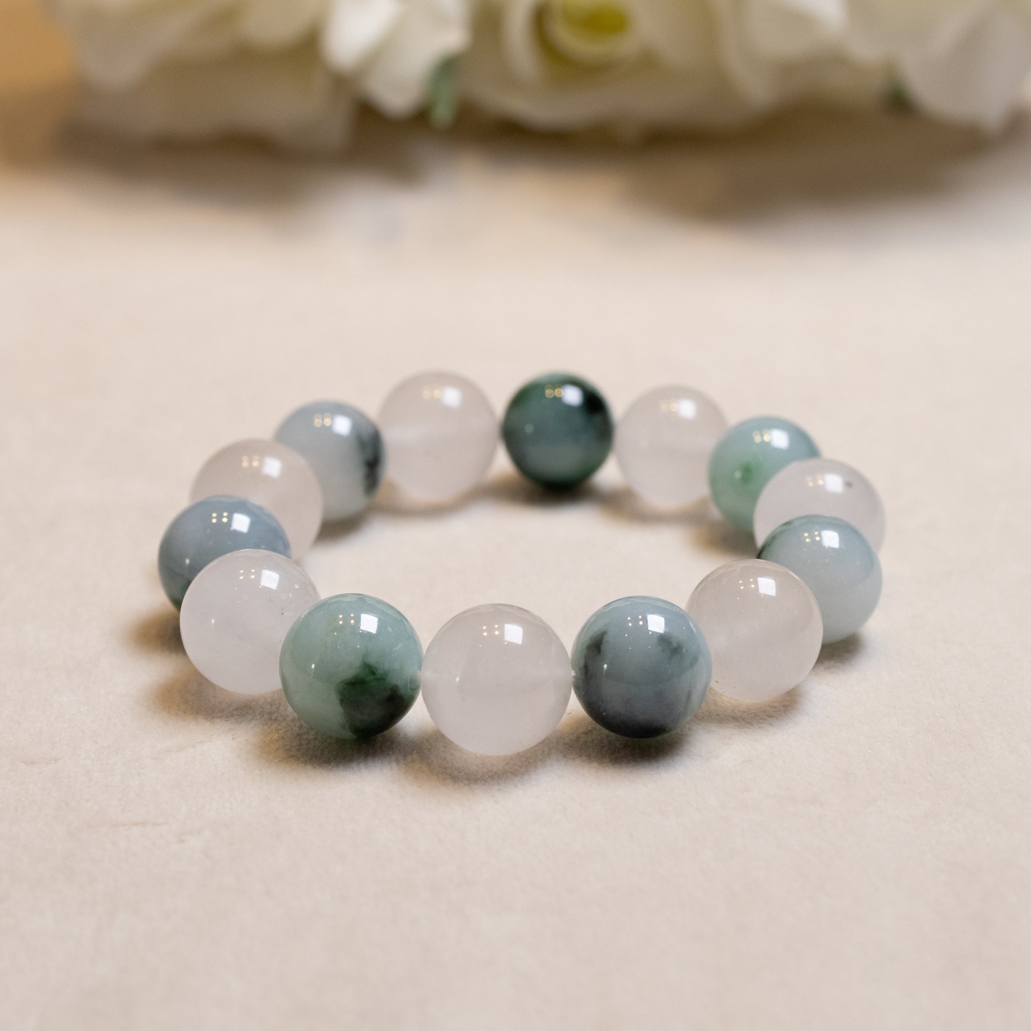 Natural Type-A Burmese Jadeite Beaded Bracelet - Green & White, 13mm