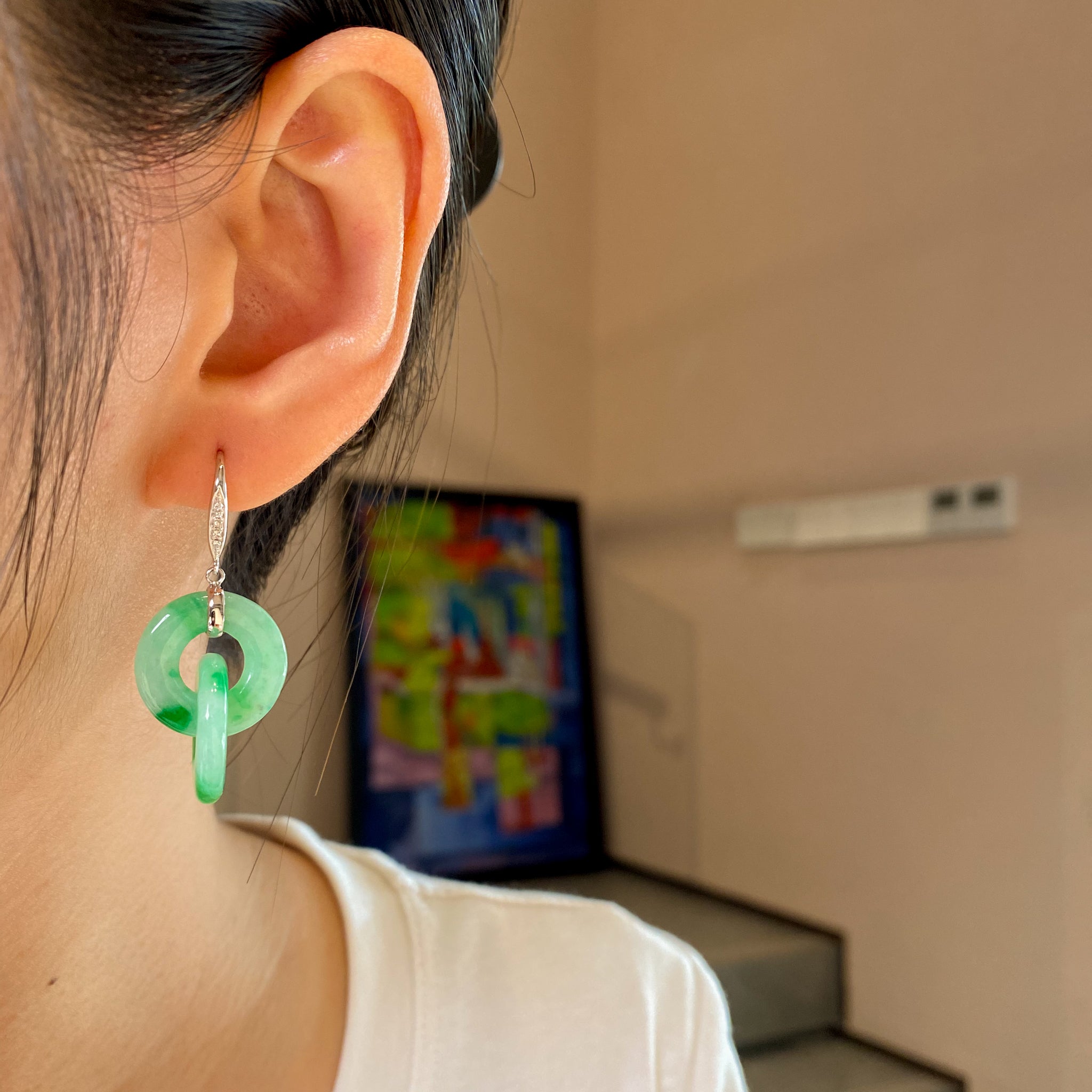 Double Hoop Apple Green Jade Drop Earrings in 18K White Gold & Diamonds
