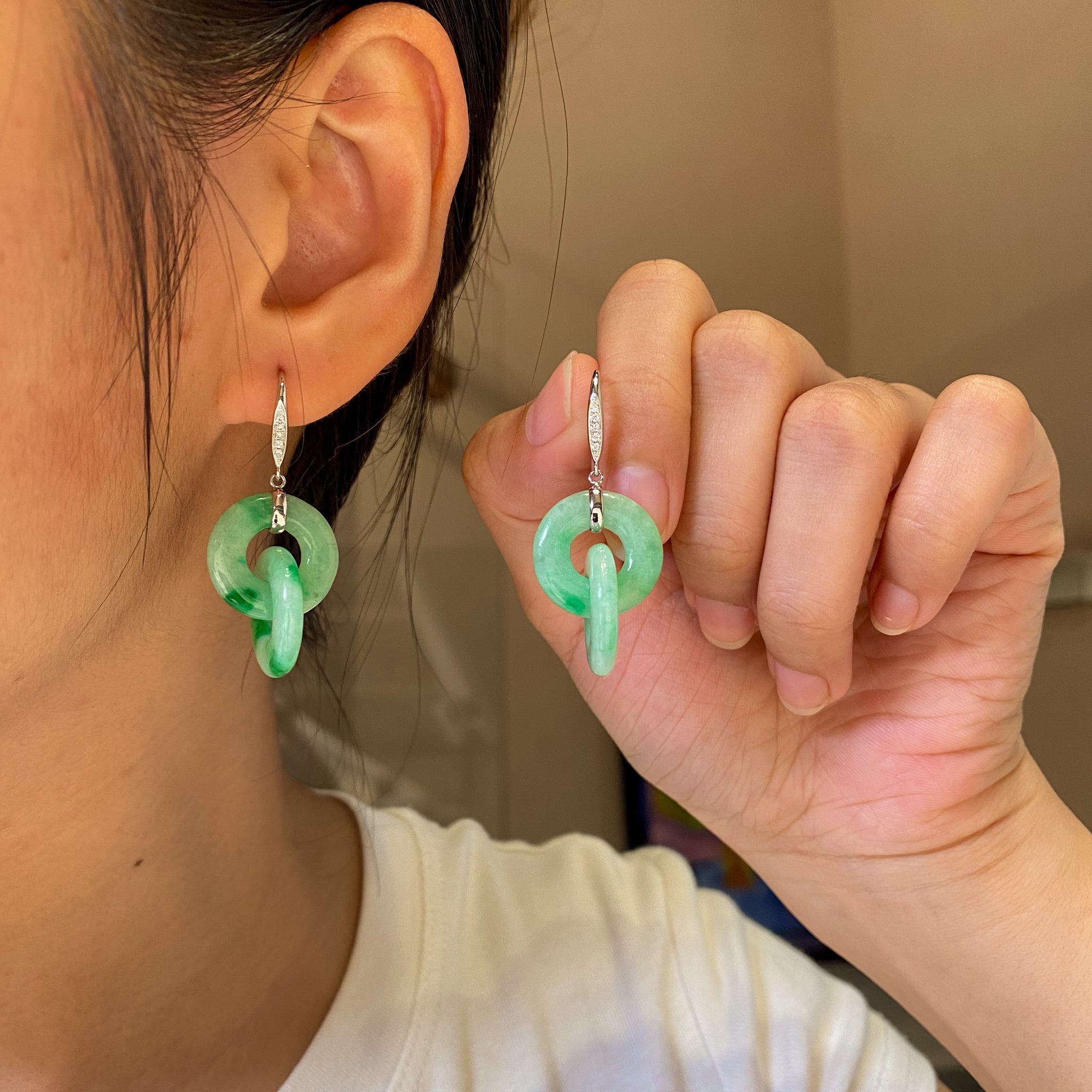 Double Hoop Apple Green Jade Drop Earrings in 18K White Gold & Diamonds
