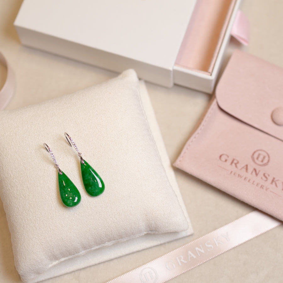 Green Jade Pear Shape Dangle Earrings - 18K White Gold and Diamonds