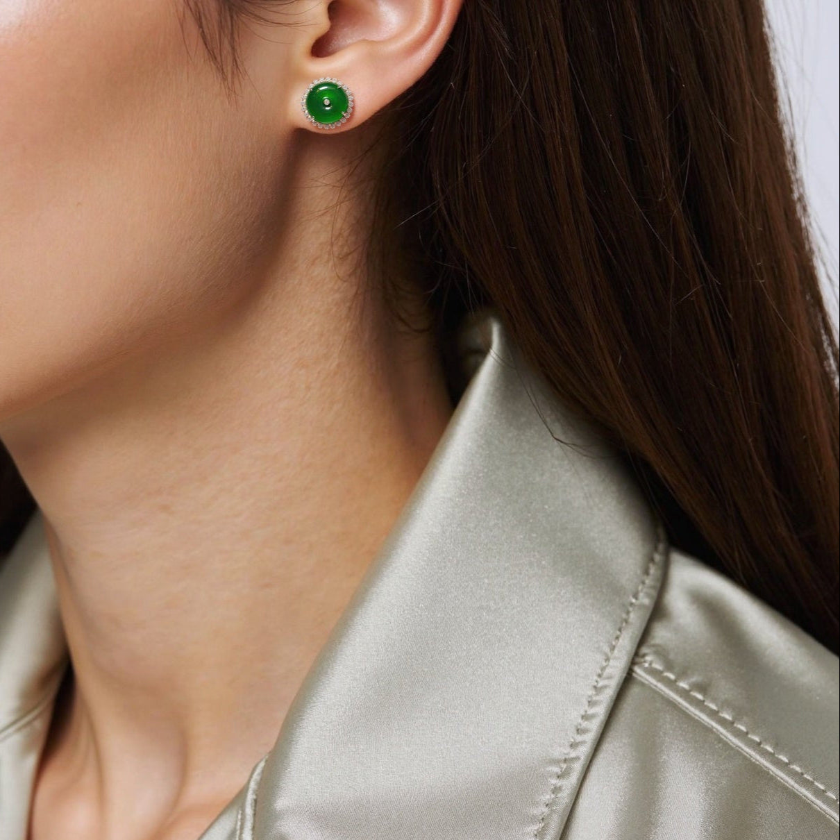 Imperial Green Jadeite & Diamond Round Disc Stud Earrings in 18K White Gold