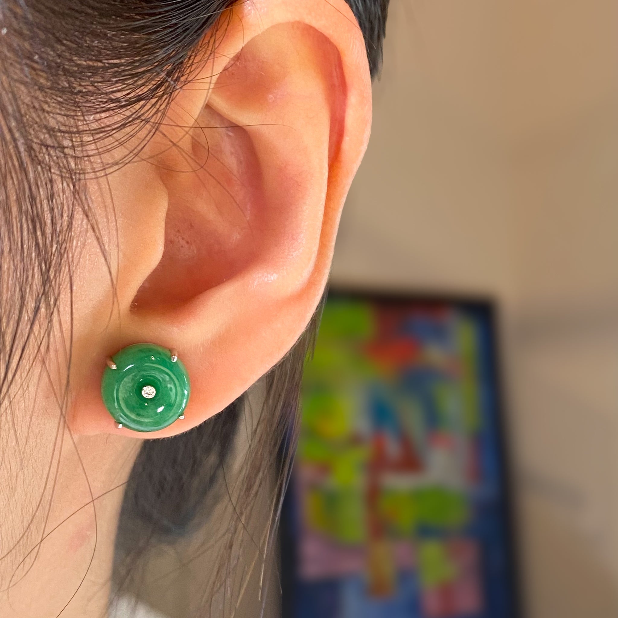 18K White Gold Donut Green Jade Stud Earrings