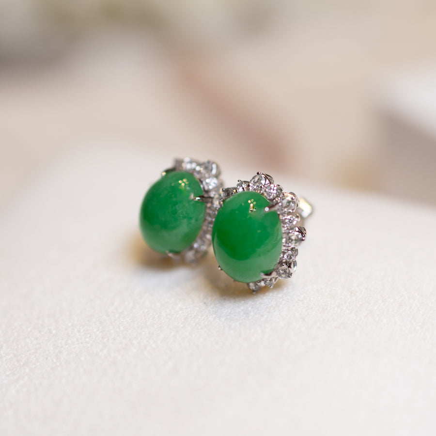 Apple Green Jadeite Stud Earrings - Natural Jade, 18k White Gold Diamonds