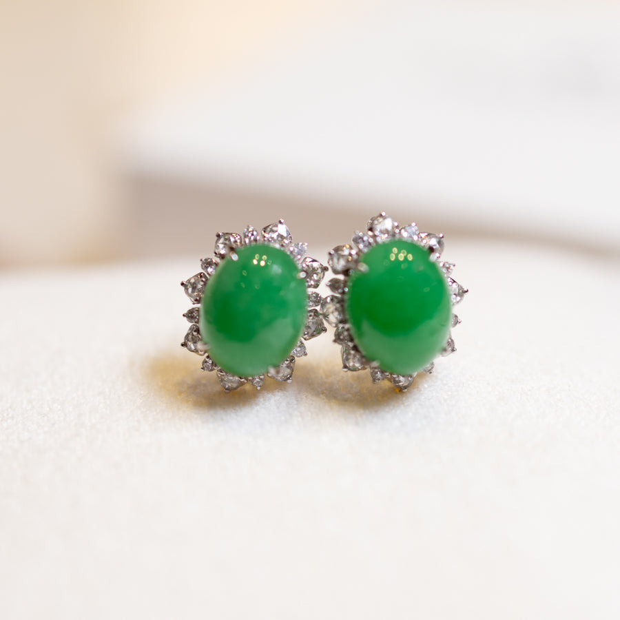 Apple Green Jadeite Stud Earrings - Natural Jade, 18k White Gold Diamonds
